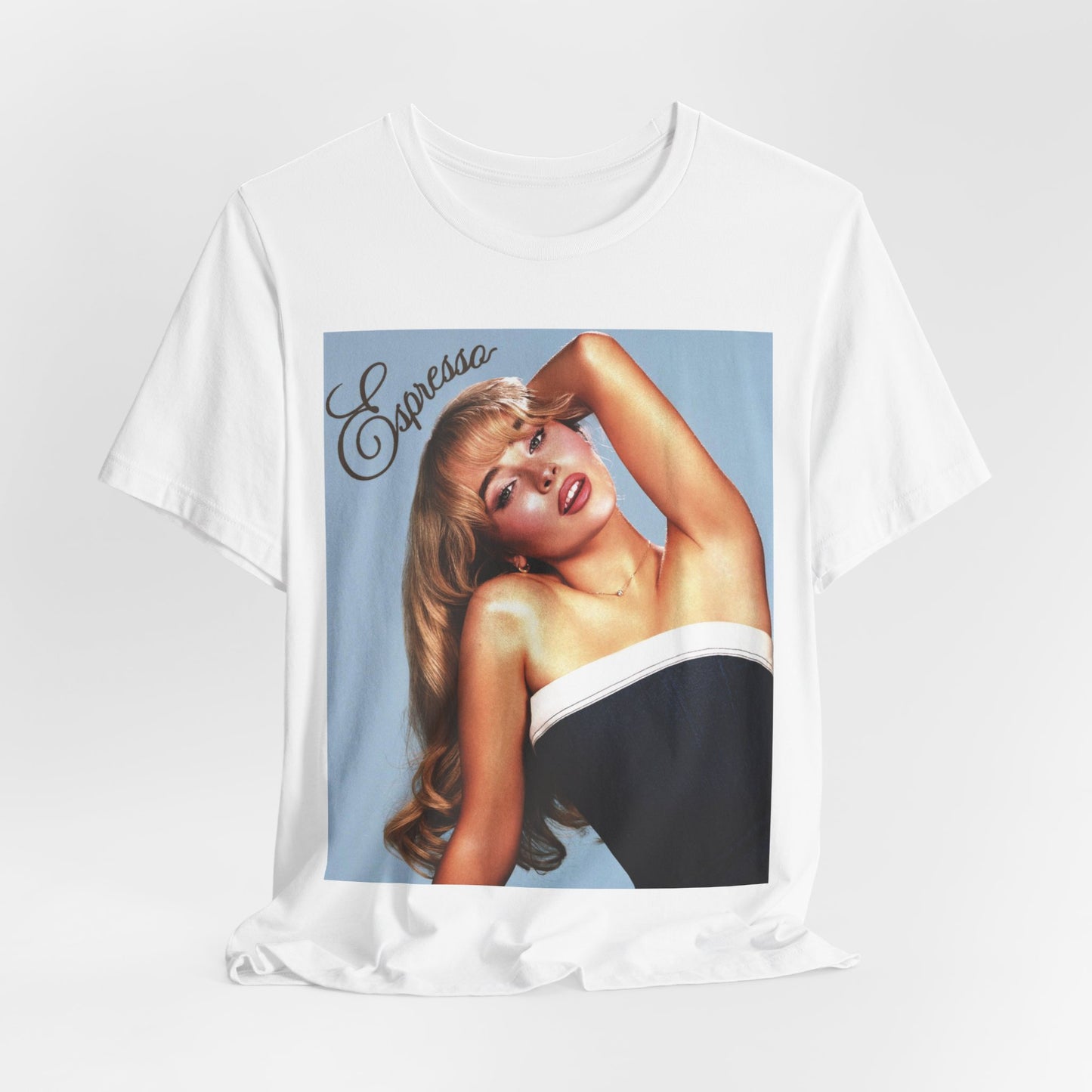 A black graphic t-shirt featuring a graphic related to Sabrina Carpenter's 'Espresso' song.
