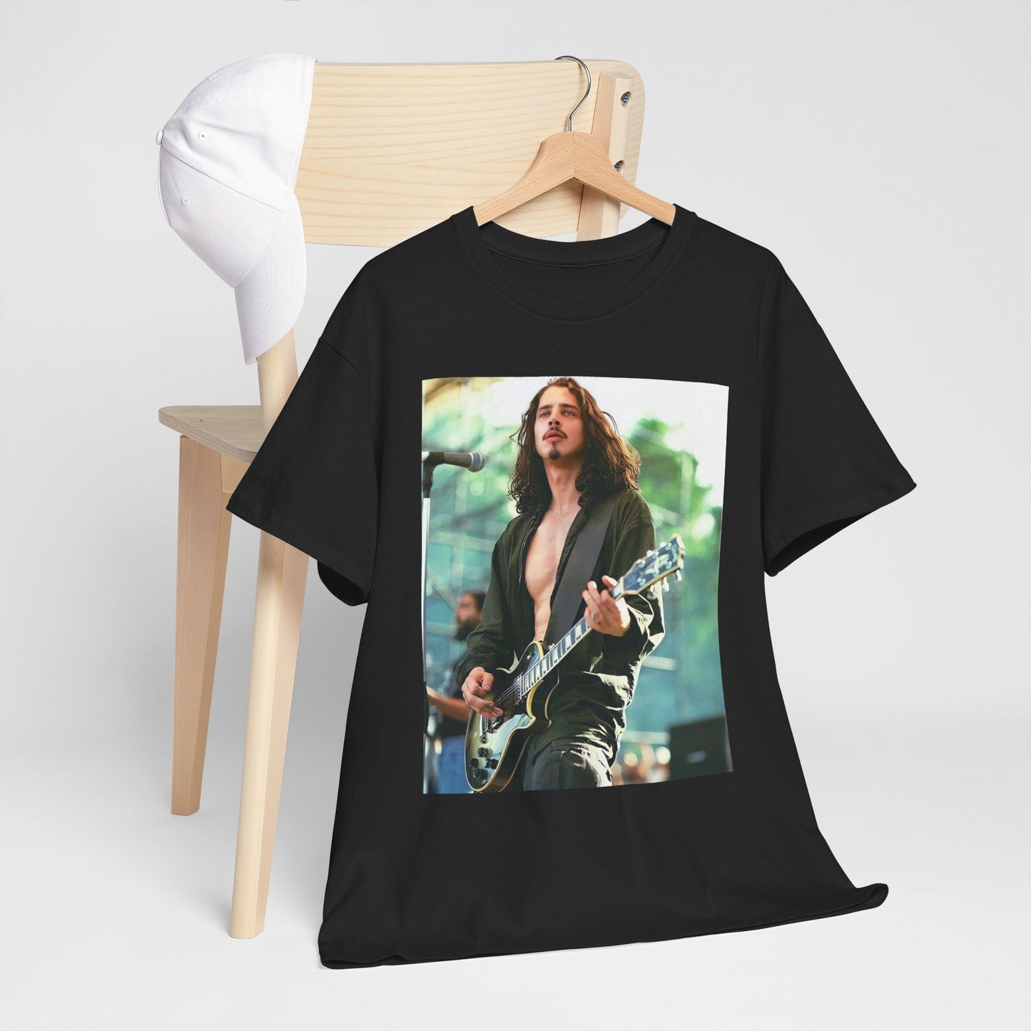 A black graphic t-shirt featuring a retro graphic related to Chris Cornell and the Soundgarden era.