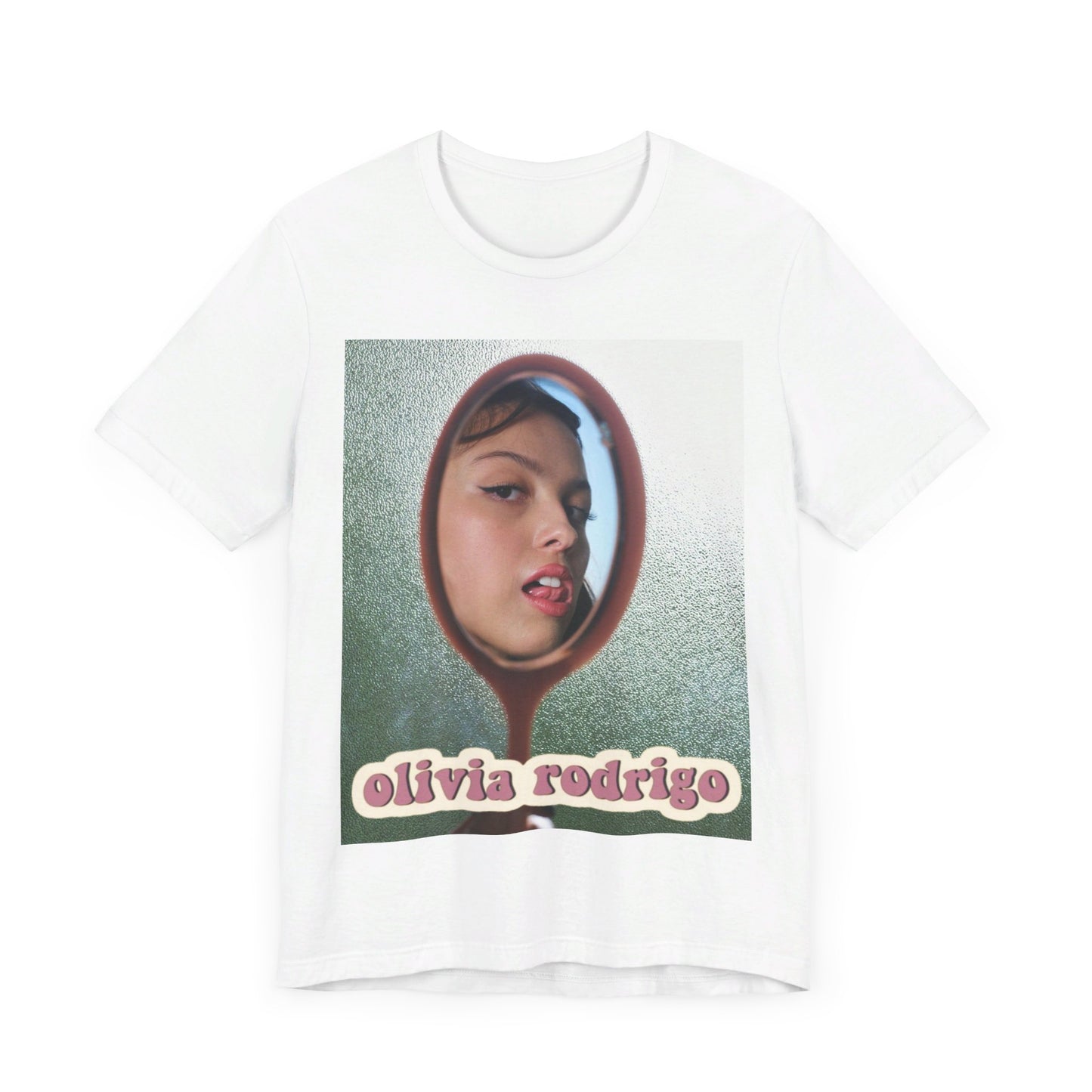 A black graphic t-shirt featuring a Y2K pop aesthetic graphic of Olivia Rodrigo.