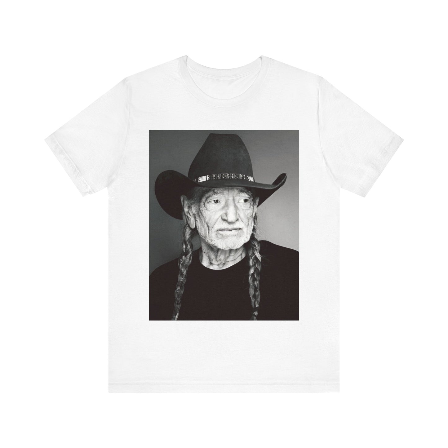 A black graphic t-shirt featuring a graphic of Willie Nelson with his iconic guitar 'Trigger'.