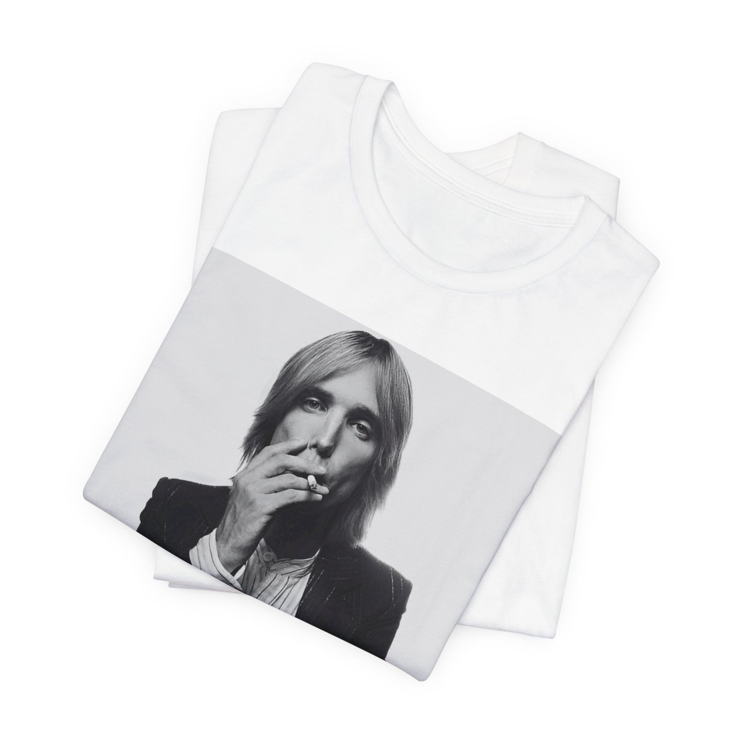 A black graphic t-shirt featuring a black and white graphic or photo of Tom Petty as a Southern rock icon.