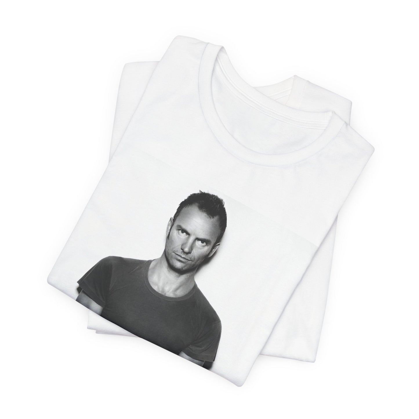 A black graphic t-shirt featuring a black and white portrait photo of Sting.