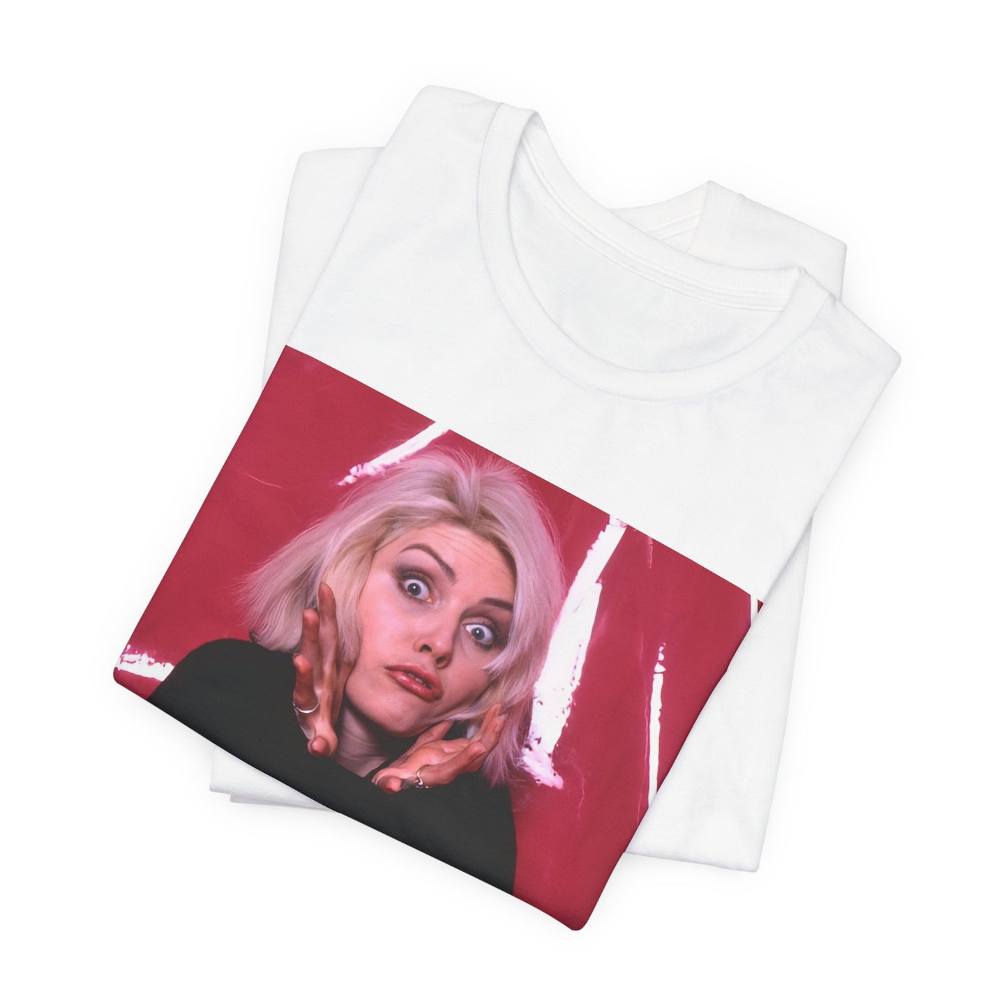 A black graphic t-shirt featuring a graphic related to Blondie's 'Atomic' song or era.
