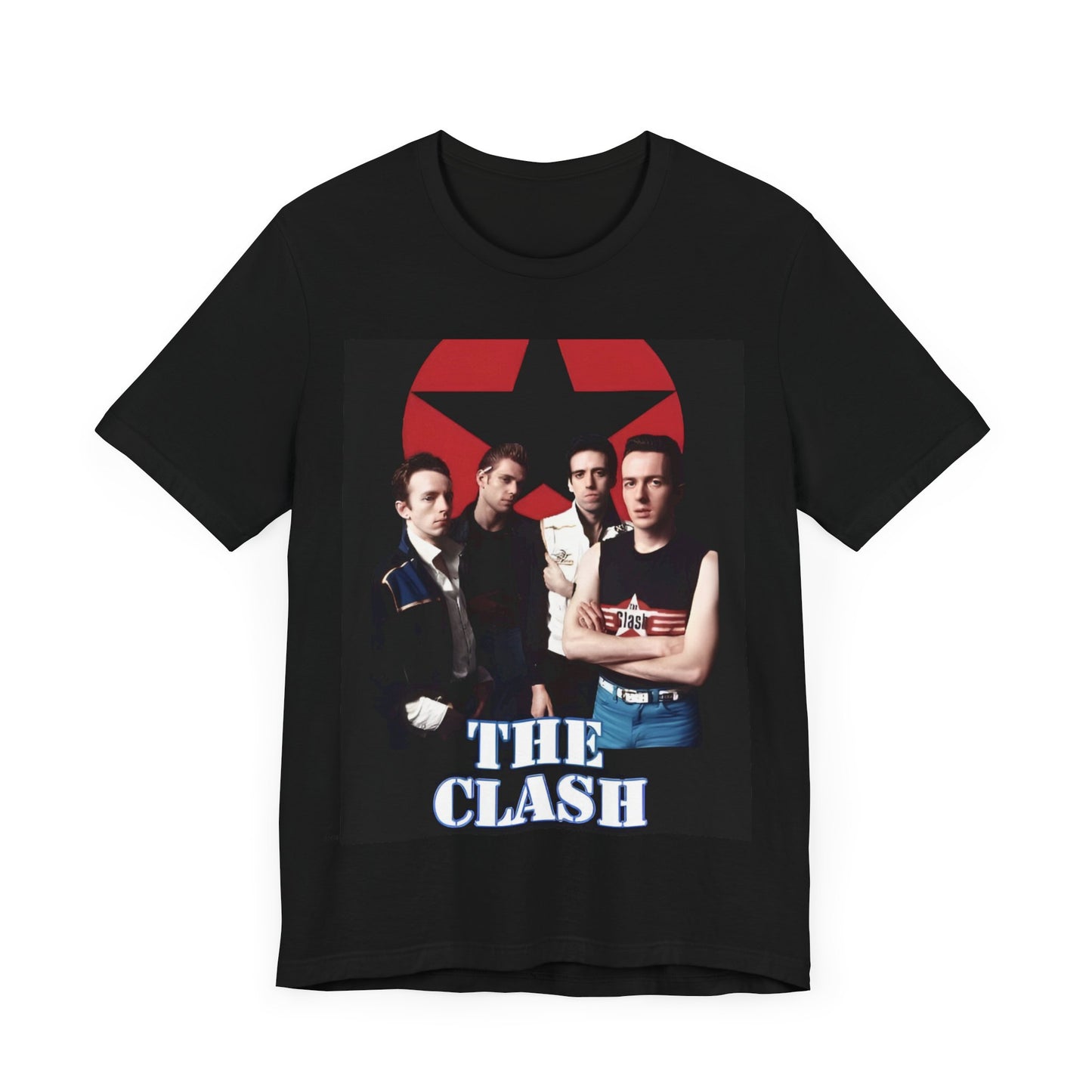 A black graphic t-shirt featuring a graphic related to The Clash's 'Should I Stay or Should I Go' song or era.