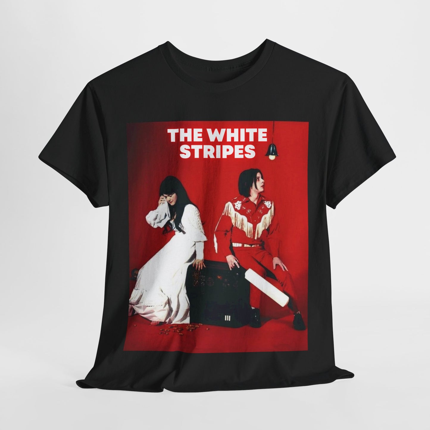 A black graphic t-shirt featuring an edgy rock and roll graphic of The White Stripes.