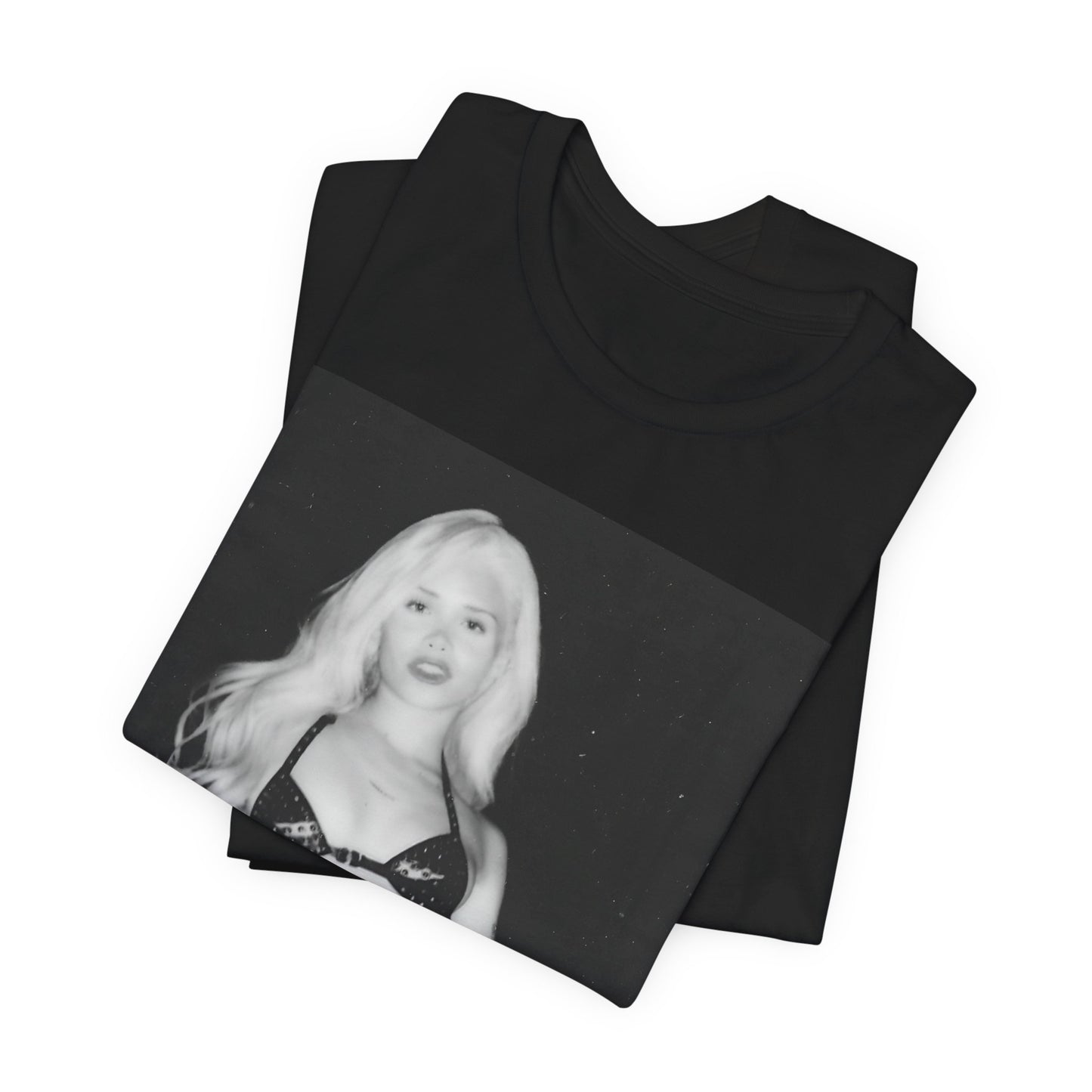A black graphic t-shirt featuring a black and white portrait photo of Nessa Barrett.
