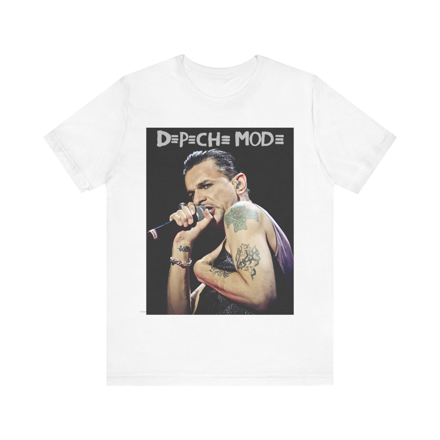 A black graphic t-shirt featuring a graphic of Dave Gahan from Depeche Mode, emphasizing his dynamic stage presence.