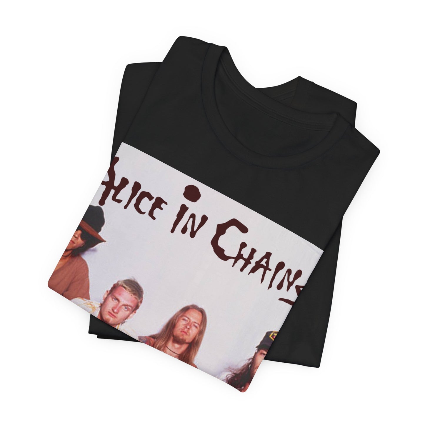 A black graphic t-shirt featuring a classic rock graphic of Alice In Chains from the 1990s, possibly with band members or stylized logo.