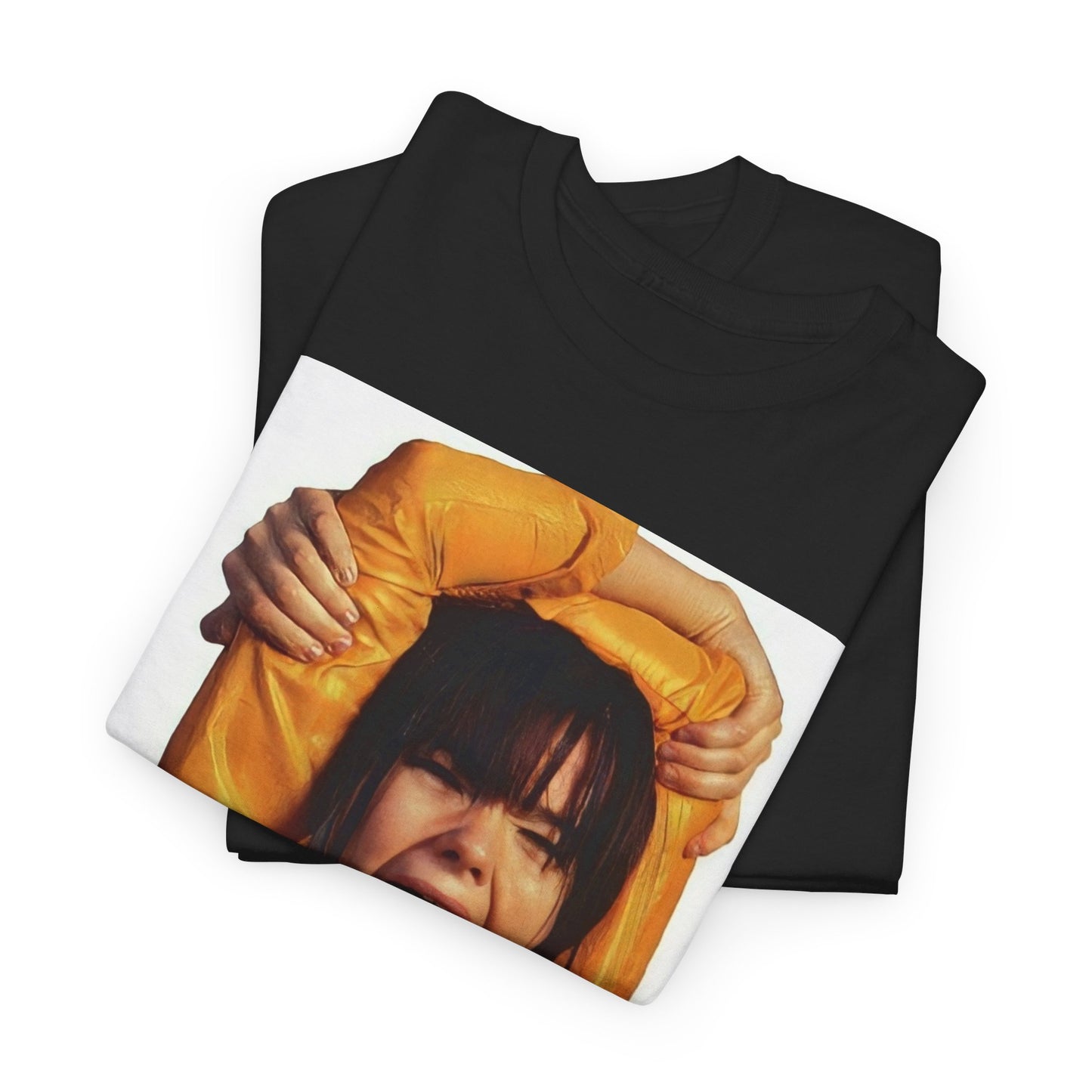 A black graphic t-shirt featuring a photo of Bjork with her tongue playfully sticking out.
