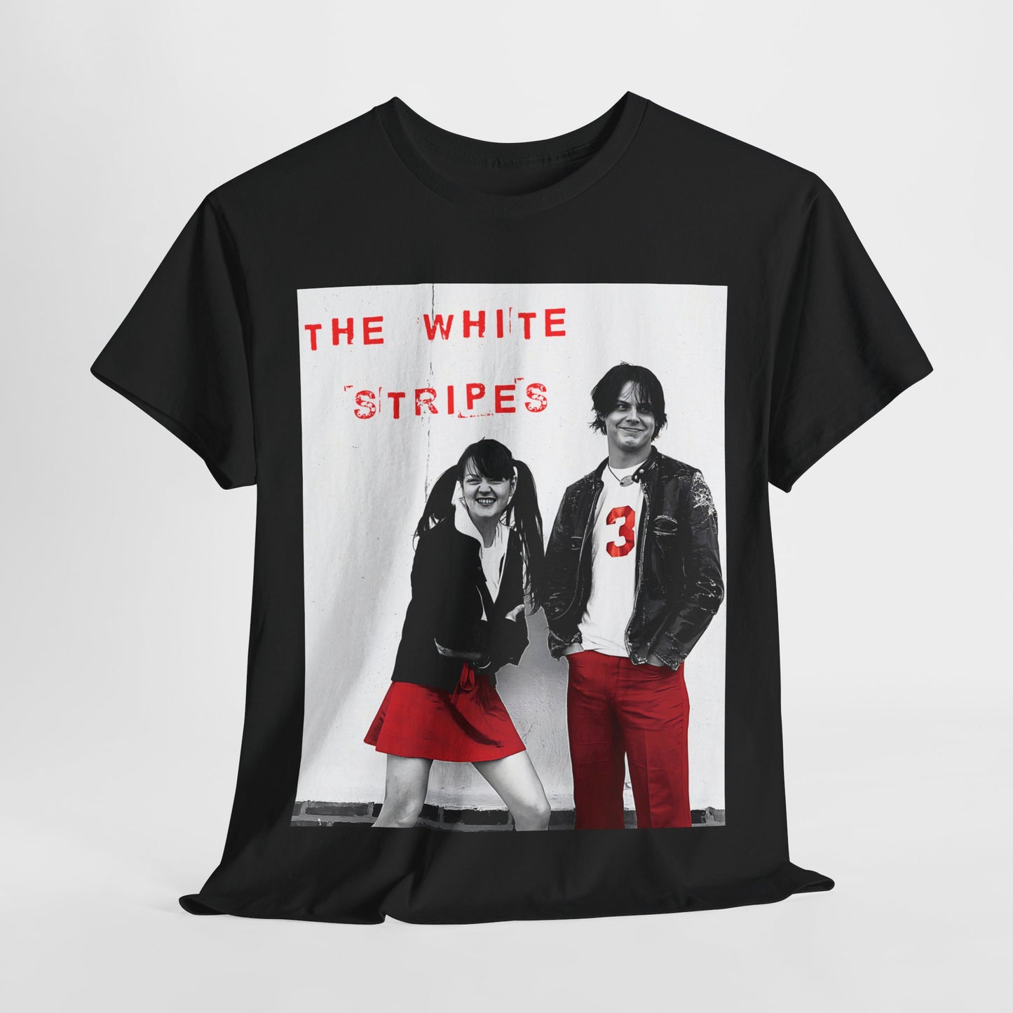 A black graphic t-shirt featuring a fearless attitude graphic of The White Stripes.