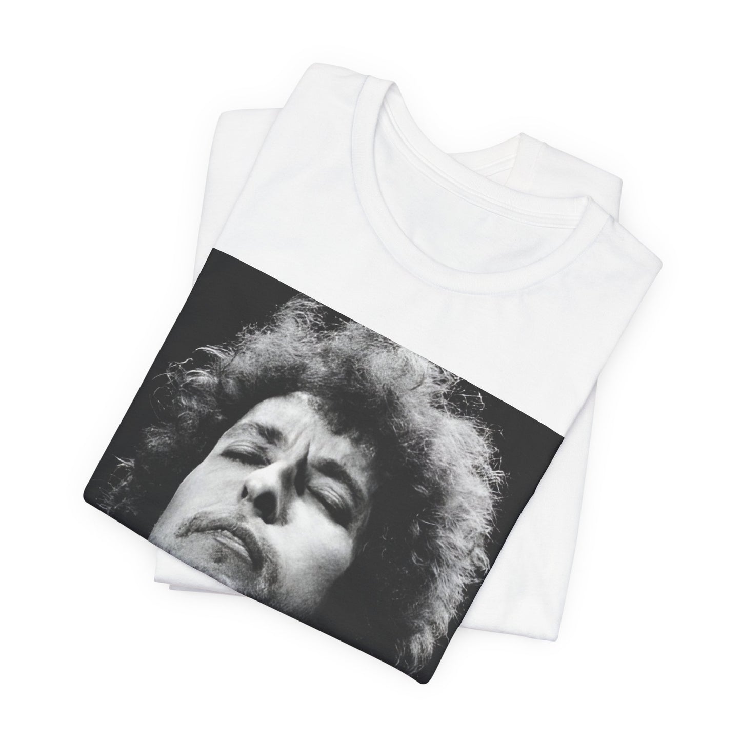 A black graphic t-shirt featuring a retro black and white graphic or photo of Bob Dylan performing live.