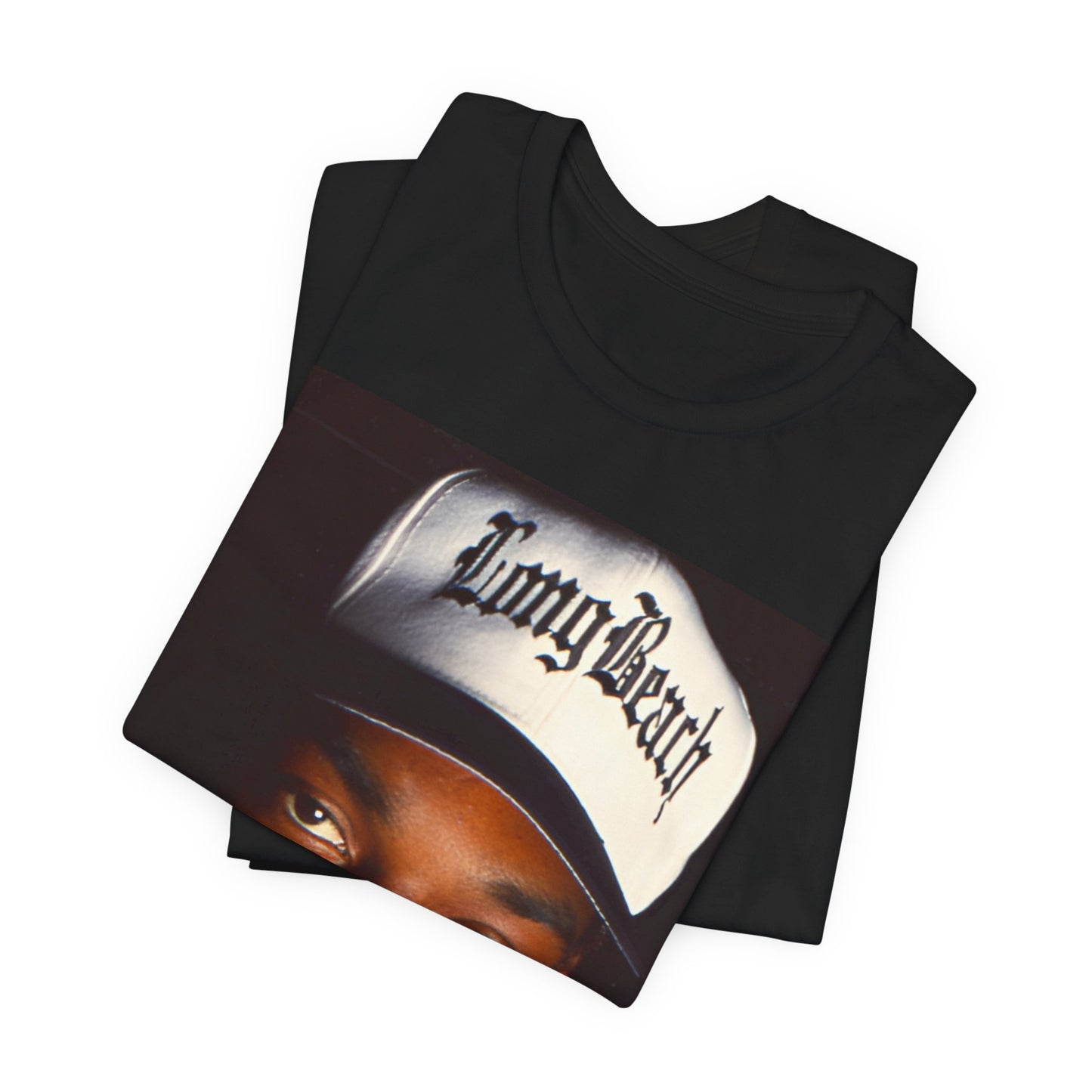 A black graphic t-shirt featuring a graphic of Snoop Dogg with Long Beach vibes.