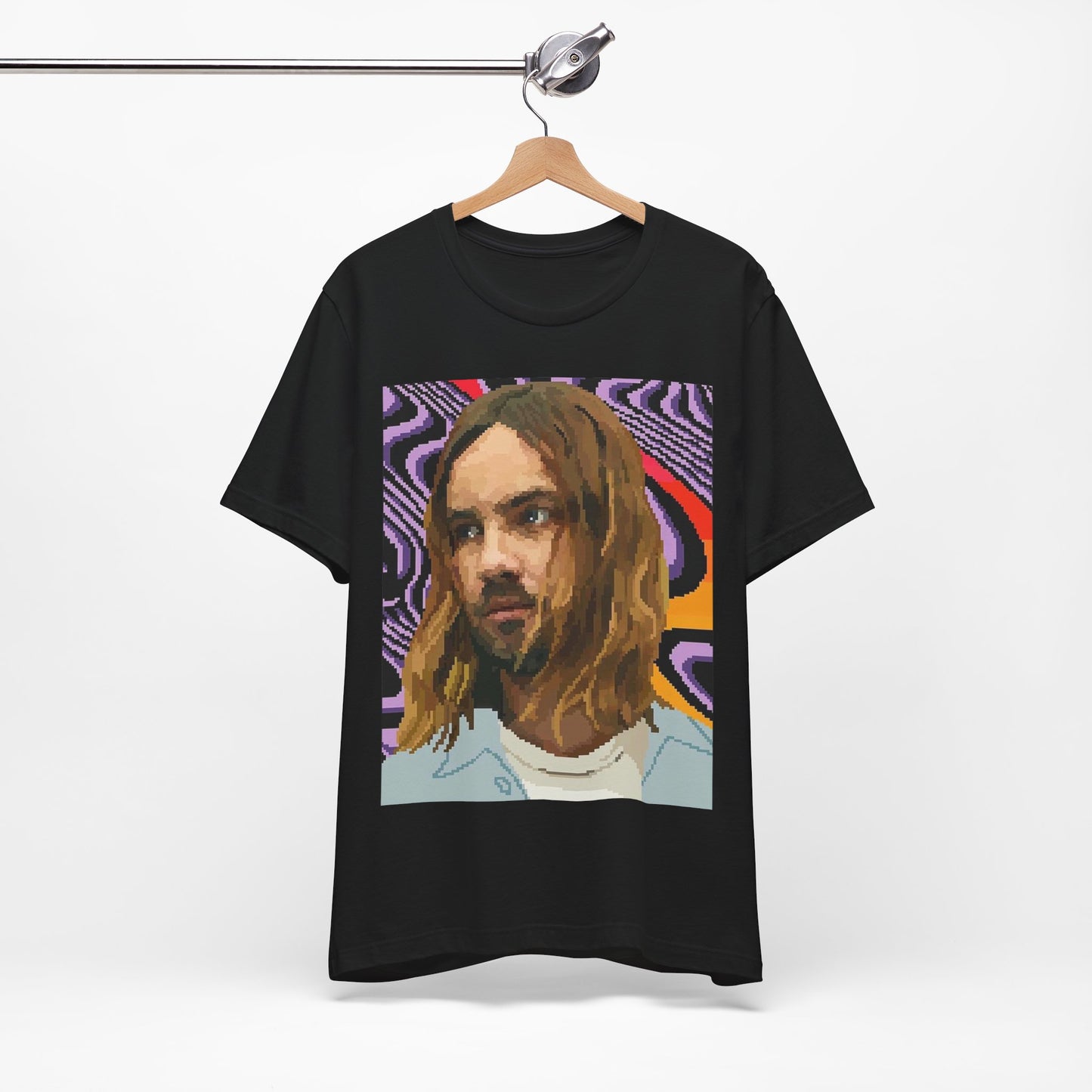A black graphic t-shirt featuring a vintage graphic of Tame Impala with mind-bending visuals.