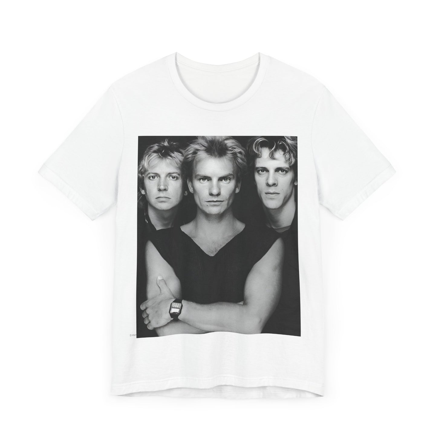 A black graphic t-shirt featuring a graphic related to The Police's 'Every Breath You Take' song or era.