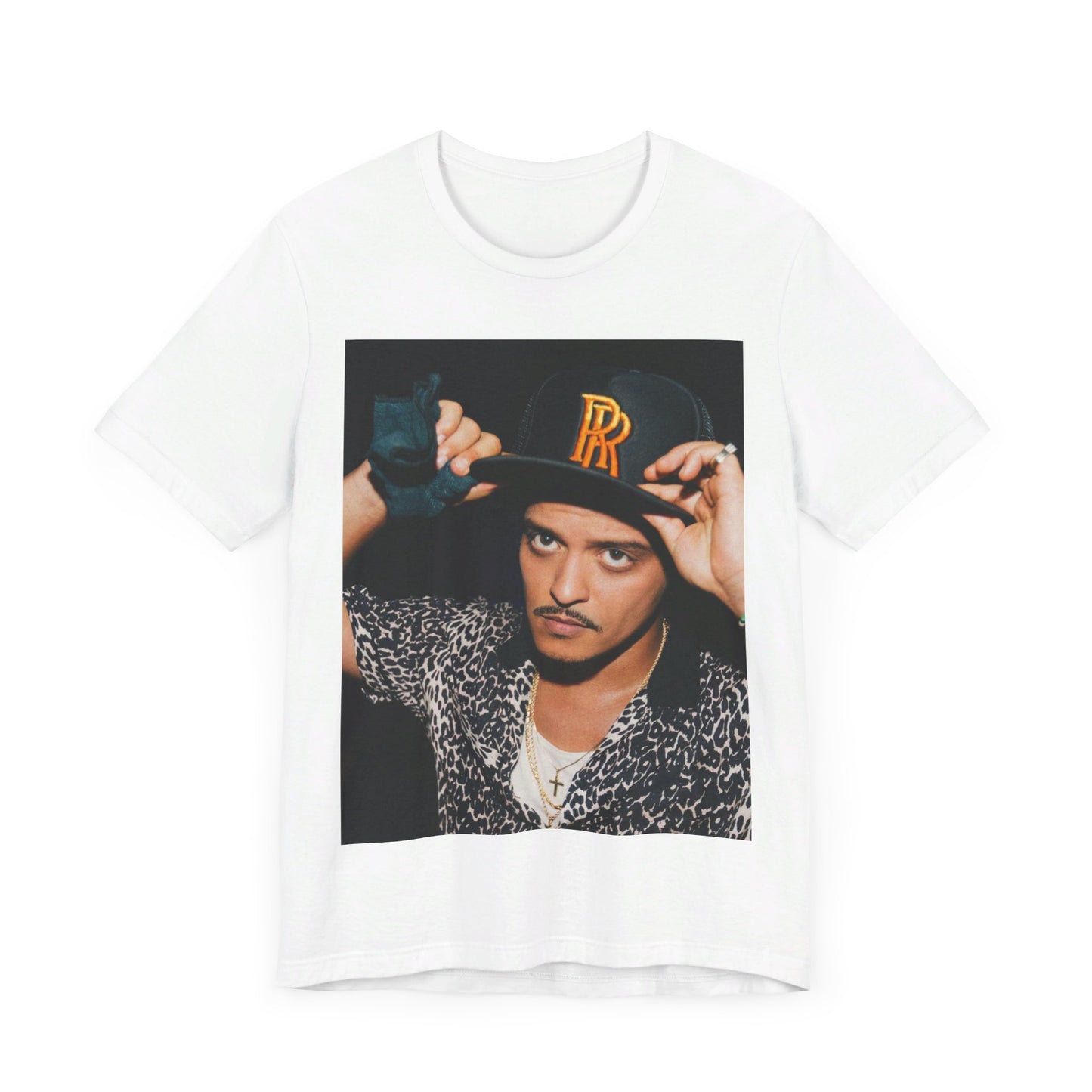 A black graphic t-shirt featuring a vintage photo of Bruno Mars wearing a hat or cap with 'RR' initials.