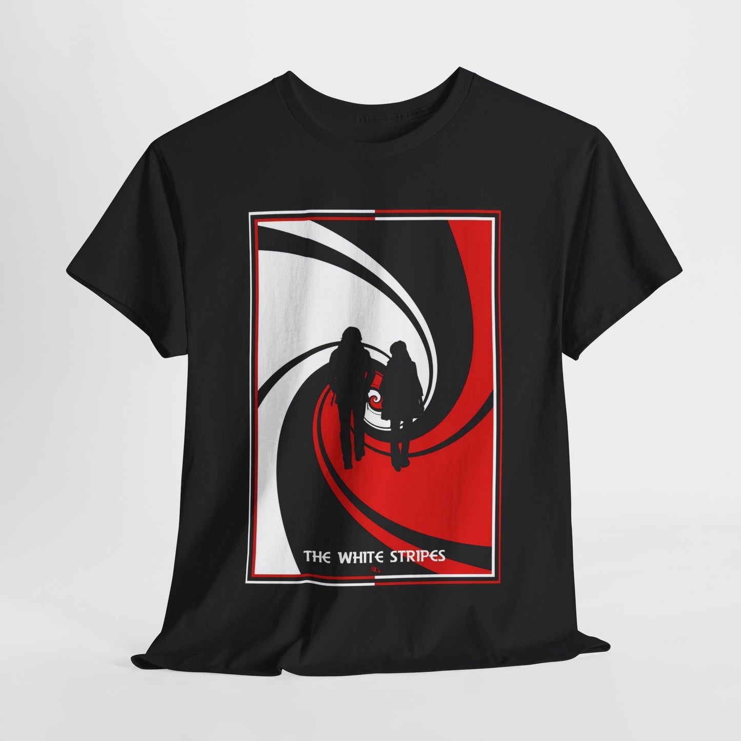 A black graphic t-shirt featuring a minimalist design graphic for The White Stripes.