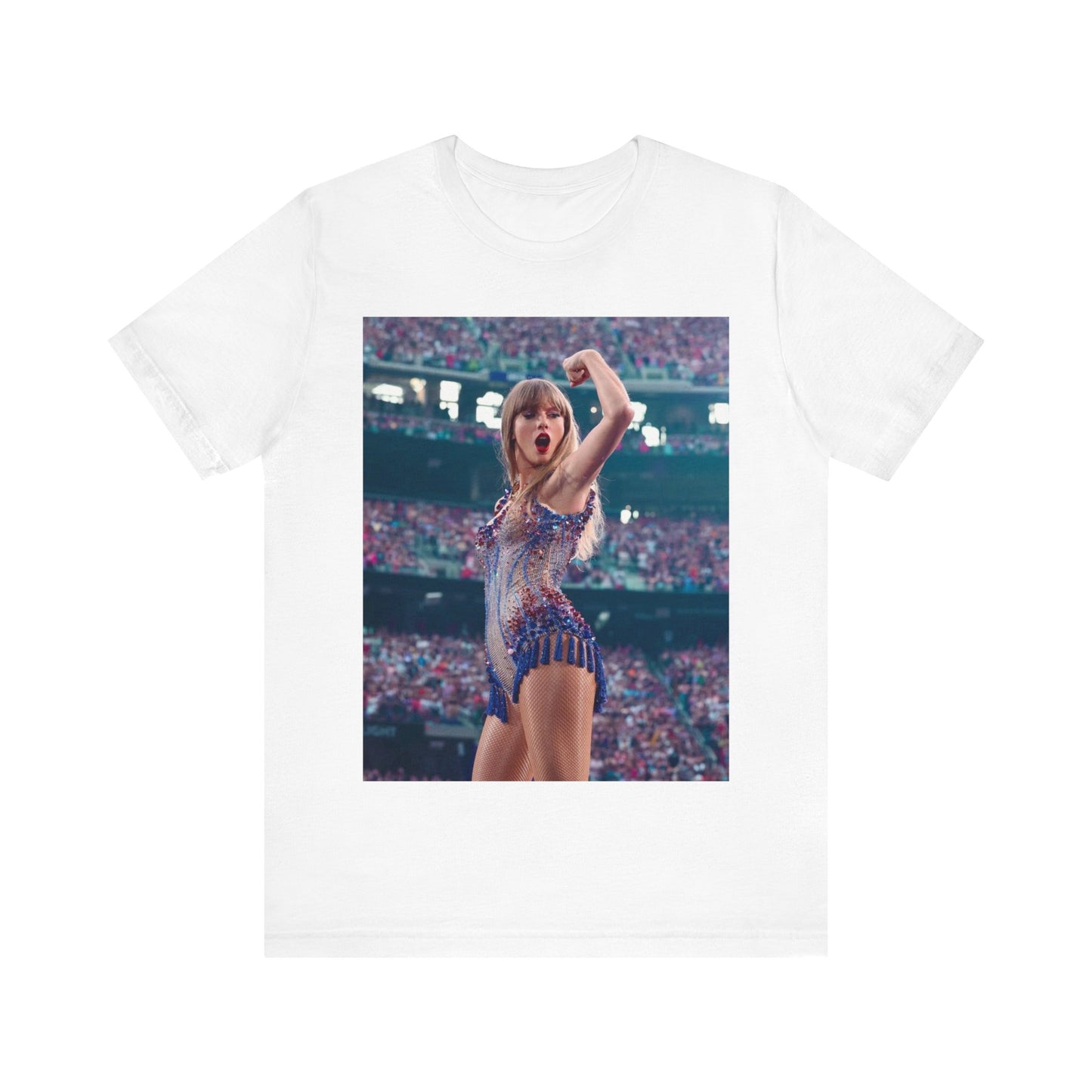 A black graphic t-shirt featuring a graphic or photo of Taylor Swift performing live on stage.