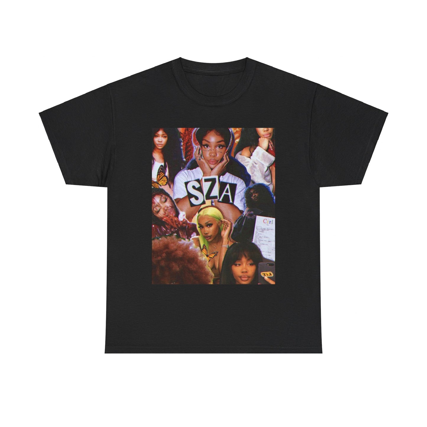 A black graphic t-shirt featuring a bootleg graphic of SZA.