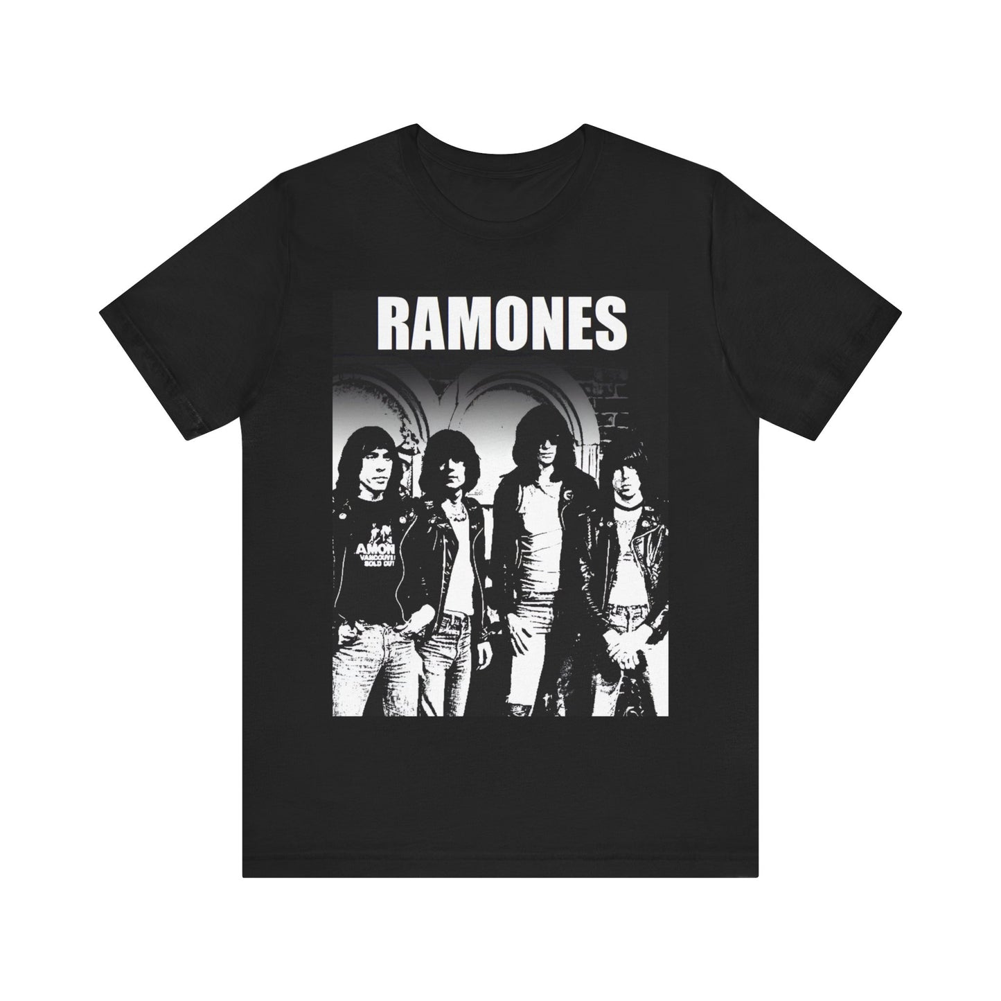 A black graphic t-shirt featuring a graphic of the Ramones as punk rock pioneers.