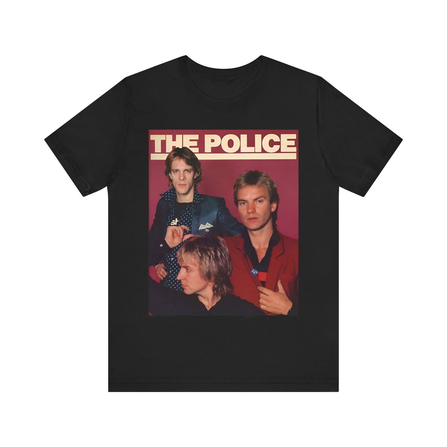 A black graphic t-shirt featuring a minimalist graphic of The Police as a power trio.