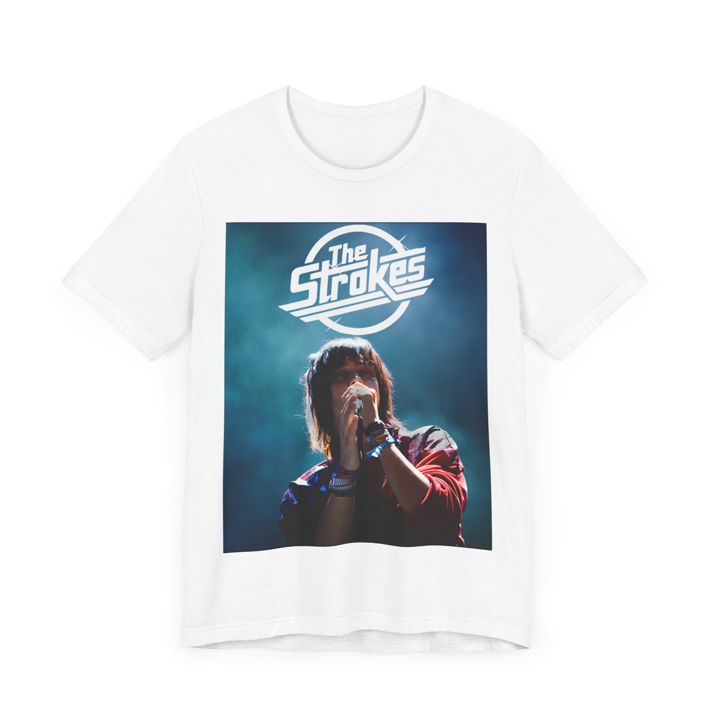 A black graphic t-shirt featuring a portrait or graphic of Julian Casablancas from The Strokes.