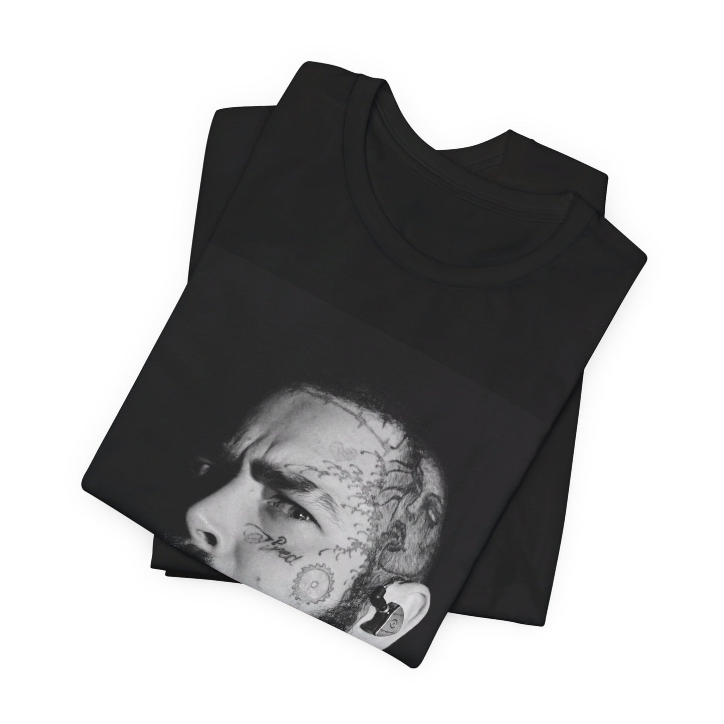 A black graphic t-shirt featuring a black and white portrait graphic of Post Malone.