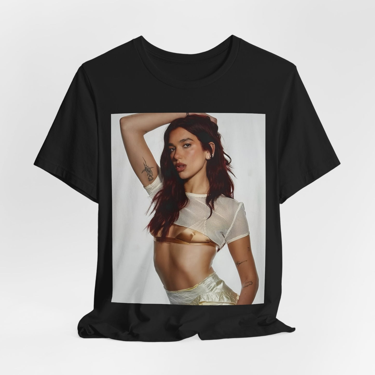 A black graphic t-shirt featuring a minimal graphic of Dua Lipa.
