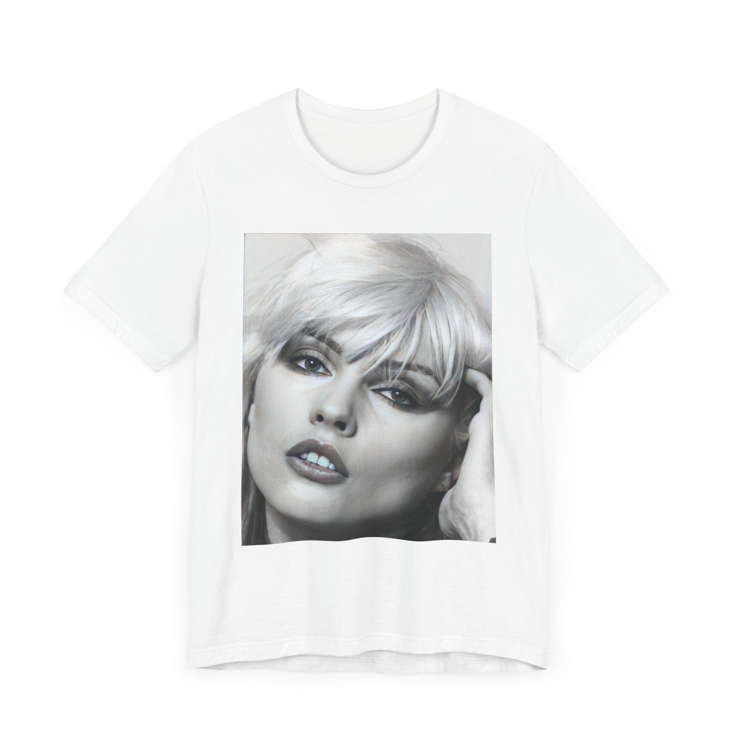 A black graphic t-shirt featuring an iconic black and white portrait photo of Debbie Harry from Blondie.