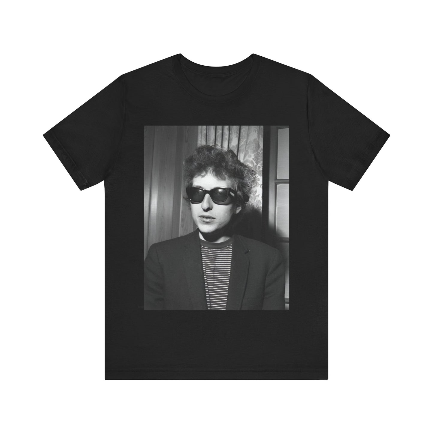 A black graphic t-shirt featuring a graphic related to Bob Dylan's 'The Freewheelin' album era.