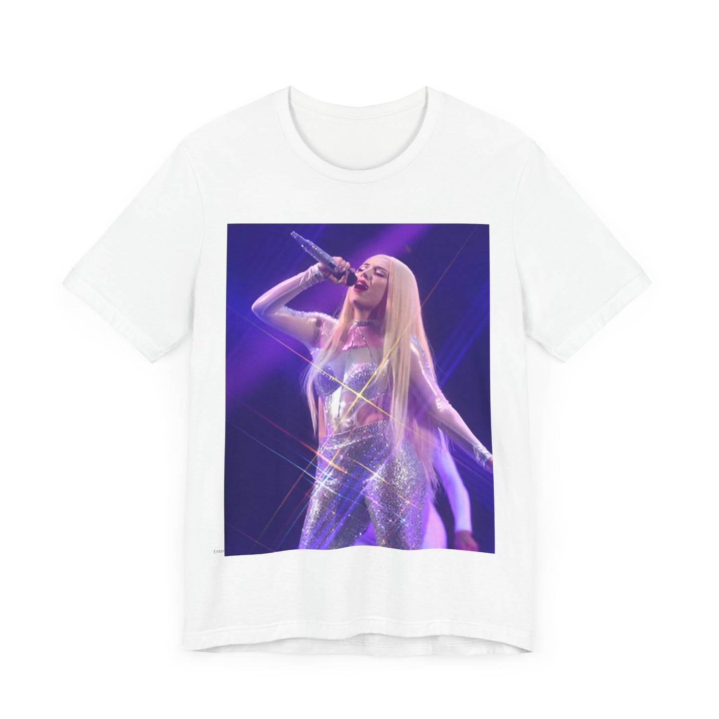 A black graphic t-shirt featuring a photo or illustration of Ava Max performing on stage, with a glittering or sparkling effect.