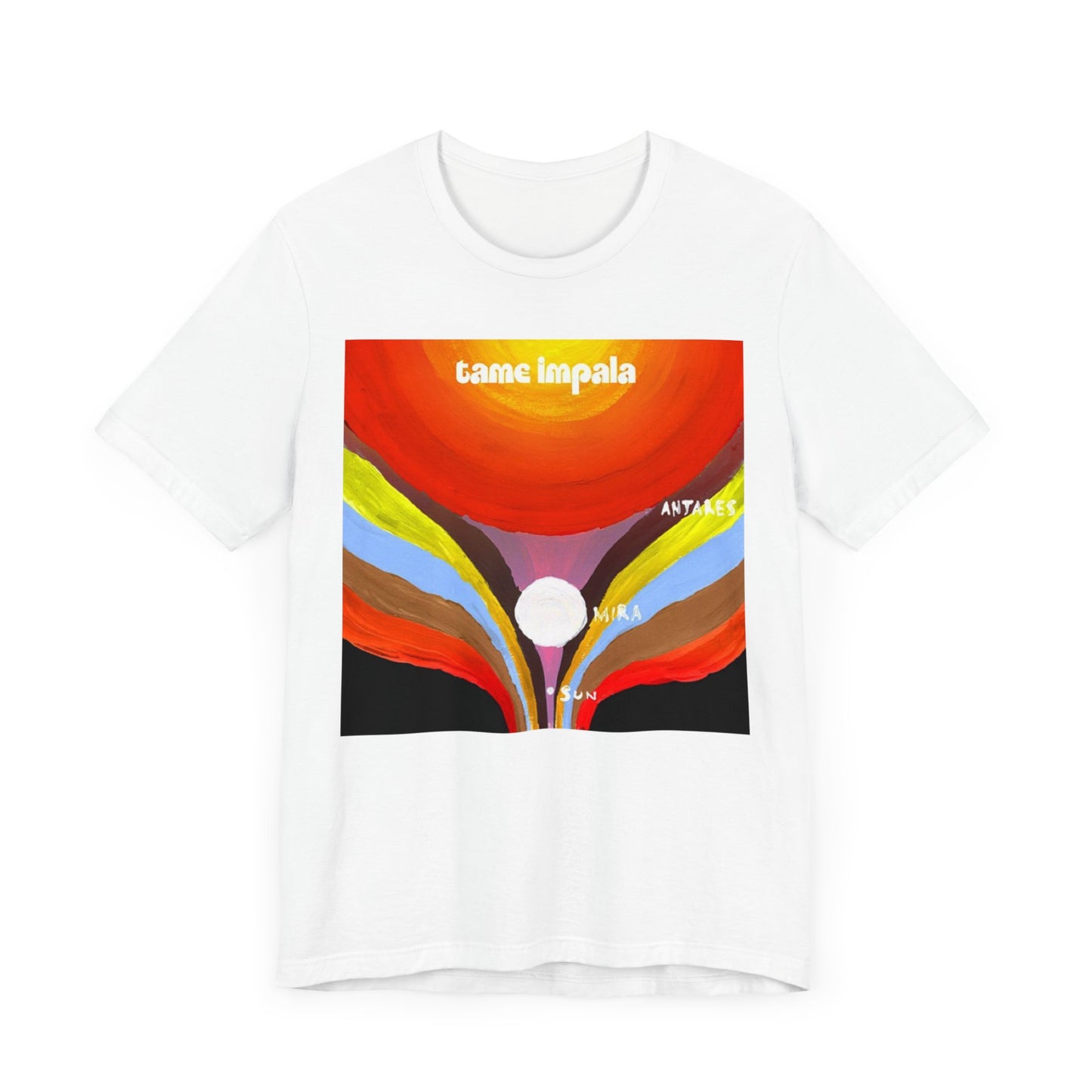 A black graphic t-shirt featuring a graphic inspired by Tame Impala's albums.