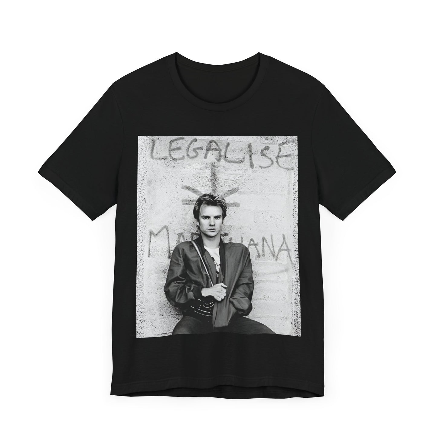 A black graphic t-shirt featuring a graphic of The Police with reggae-influenced pop elements.