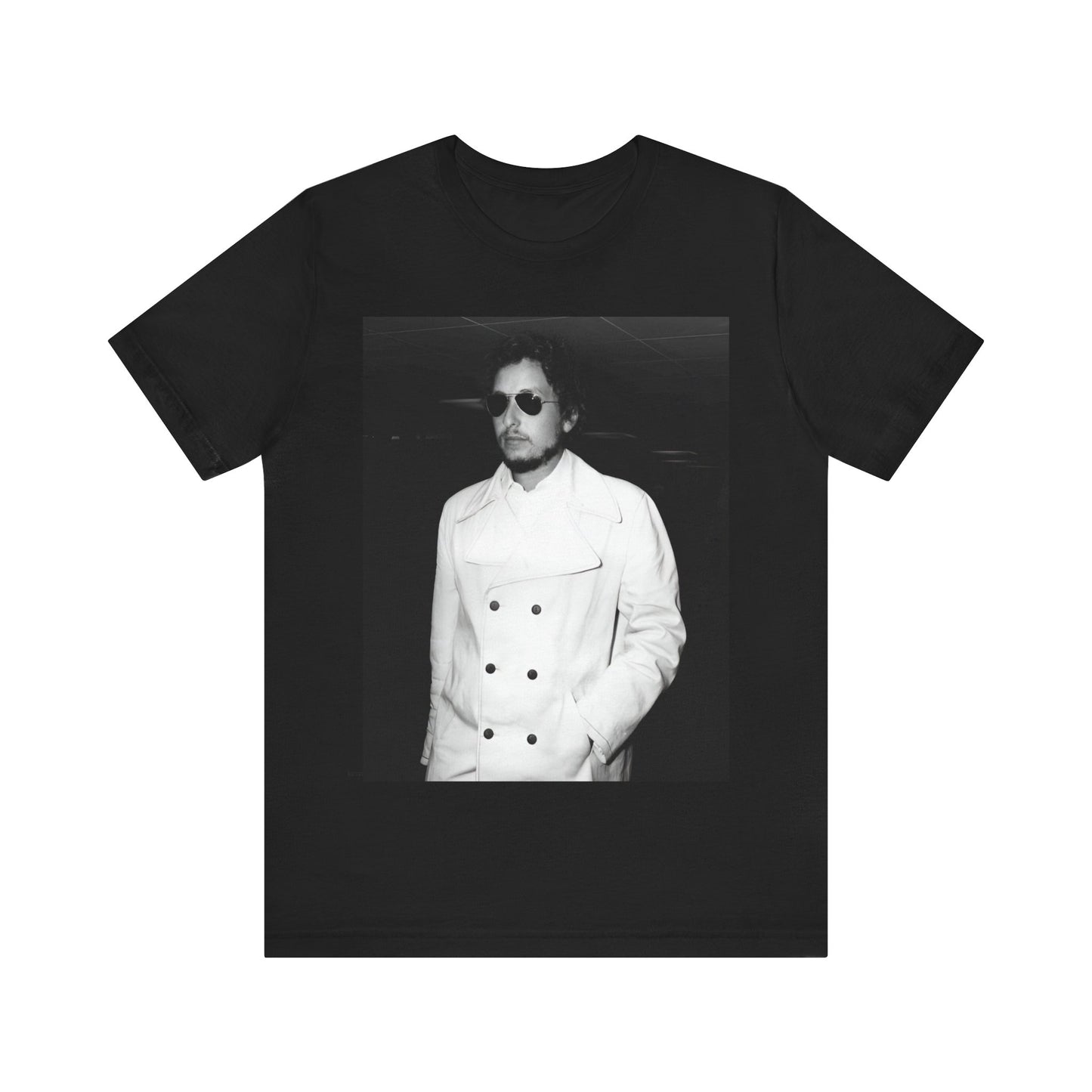 A black graphic t-shirt featuring a vintage black and white photo of Bob Dylan in a contemplative or iconic pose.