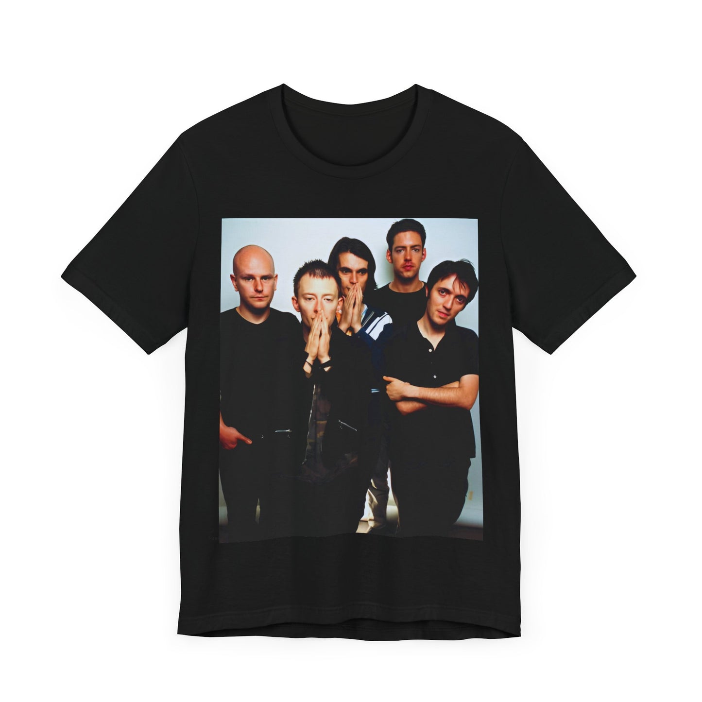 A black graphic t-shirt featuring a bold alt rock superstar graphic of Radiohead.
