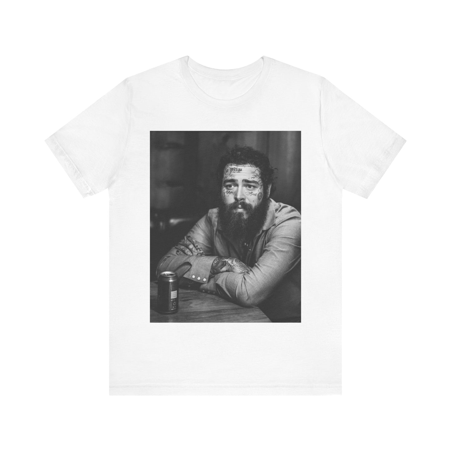 A black graphic t-shirt featuring a black and white, monochrome graphic or photo of Post Malone.