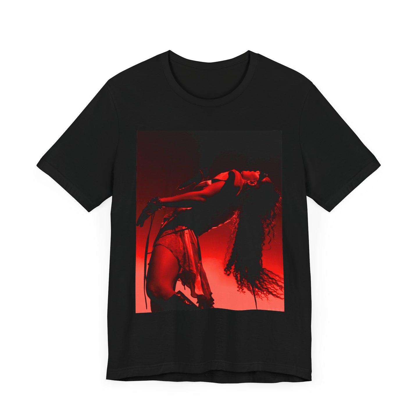 A black graphic t-shirt featuring a graphic of Charli XCX, designed with a future pop aesthetic.