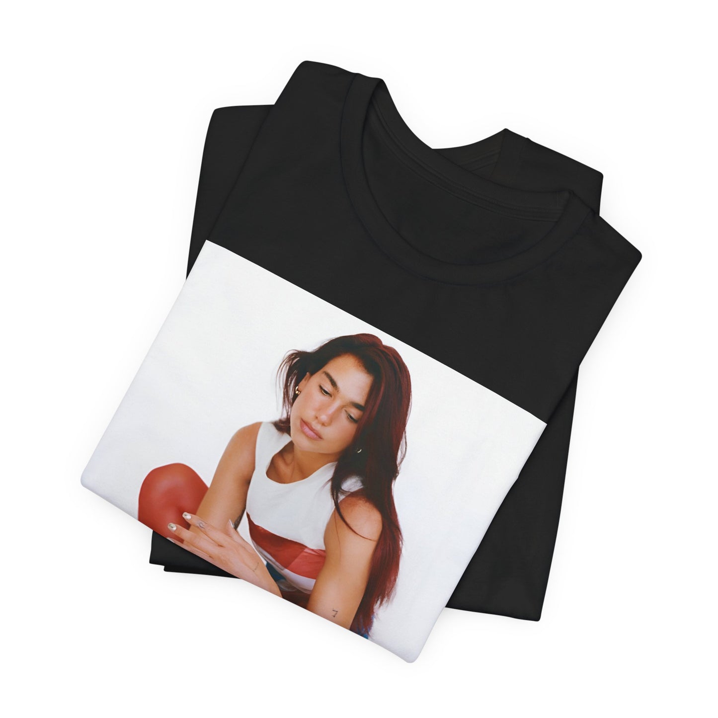 A black graphic t-shirt featuring a graphic of Dua Lipa with a chill pop vibe, designed for comfort.