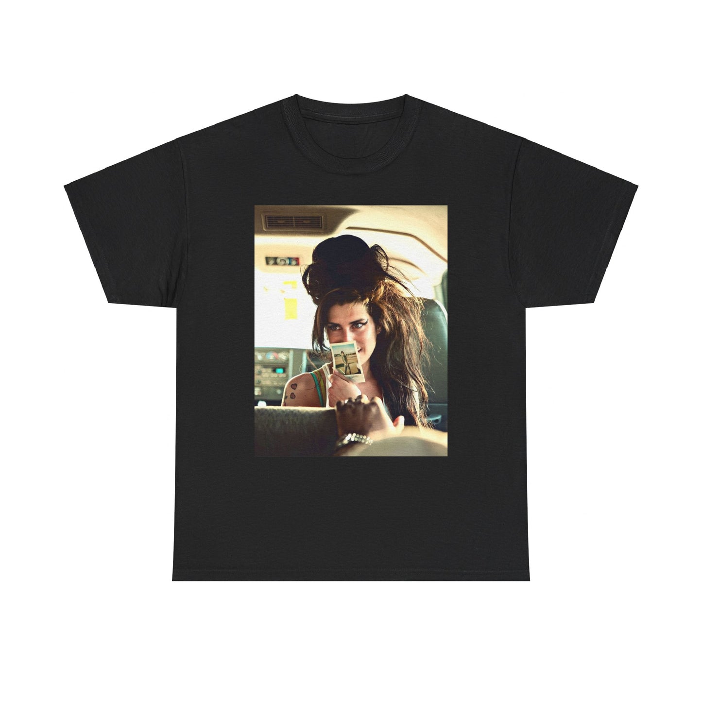A black graphic t-shirt featuring a chaotic or candid graphic of Amy Winehouse offstage, capturing her intense or expressive moments.