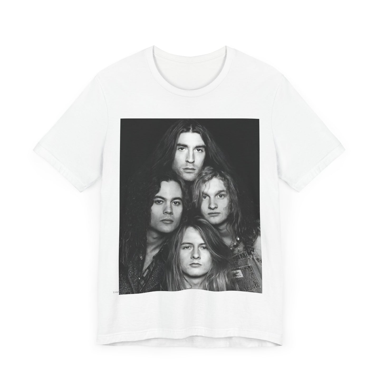 A black graphic t-shirt featuring a black and white graphic related to Alice In Chains' 90s 'Facelift' album era, possibly with band members in a stylized design.
