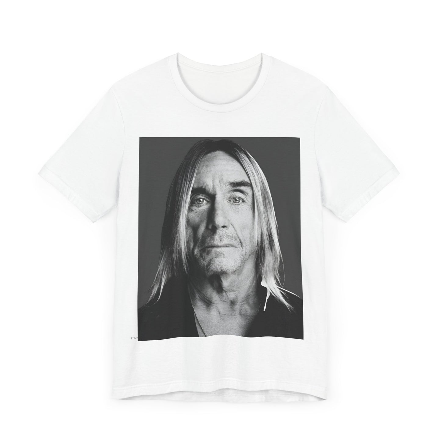 A black graphic t-shirt featuring a black and white portrait photo of Iggy Pop.