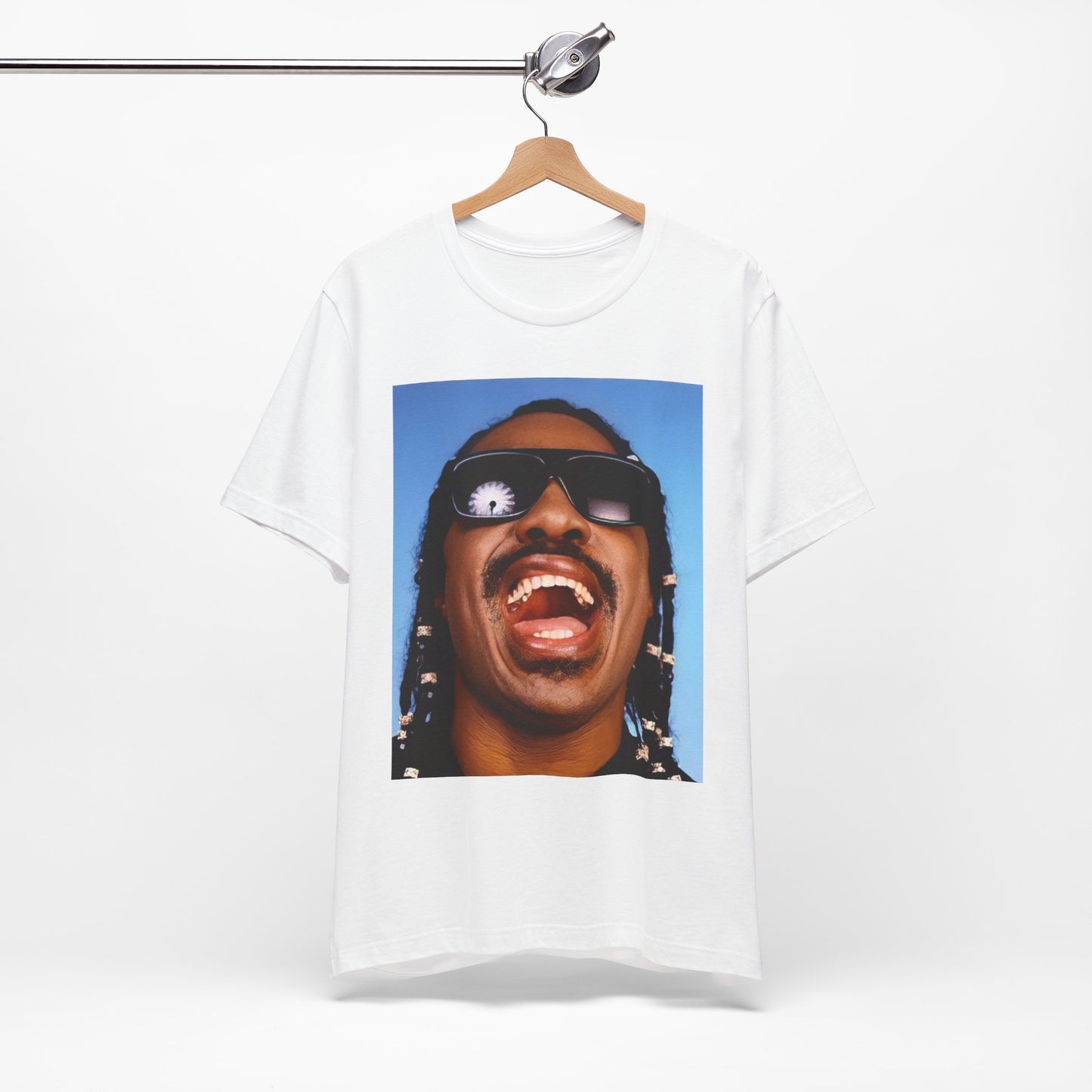 A black graphic t-shirt featuring a bold soul superstar graphic of Stevie Wonder.