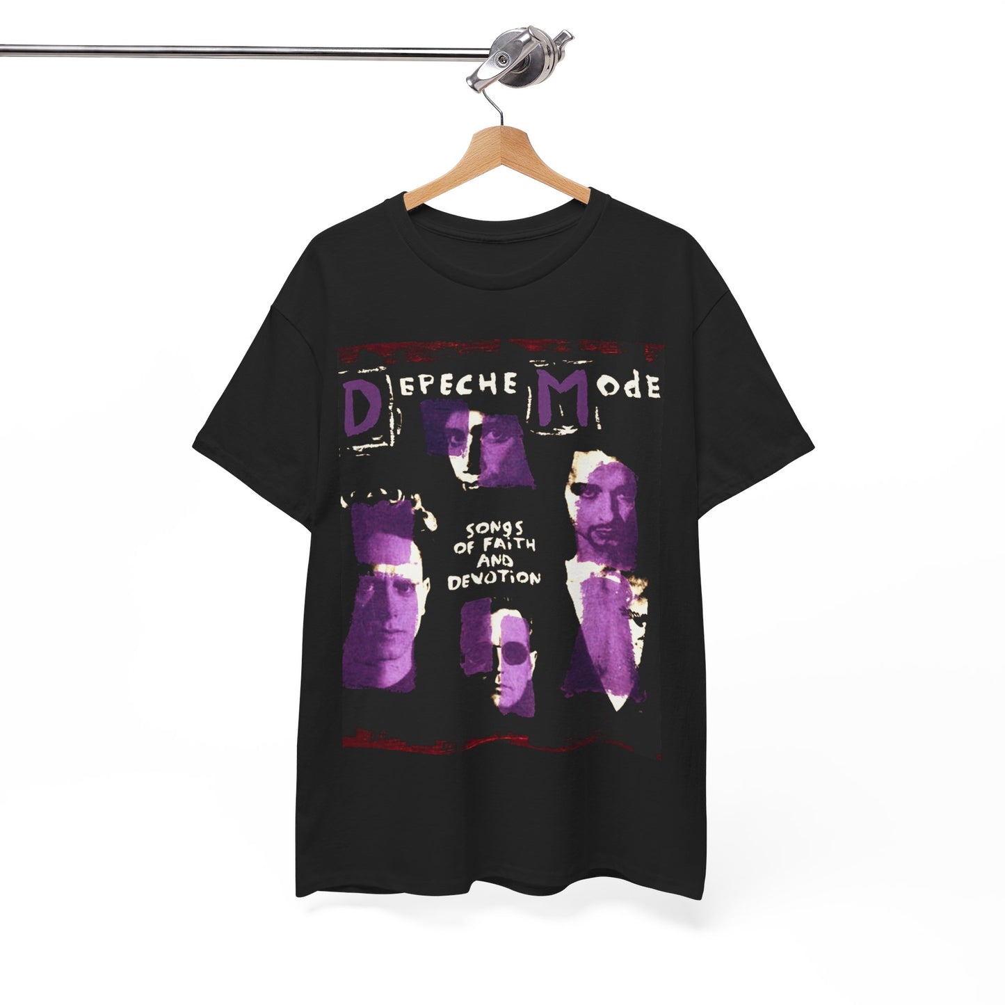 A black graphic t-shirt featuring a graphic related to Depeche Mode's 'Songs of Faith and Devotion' album.