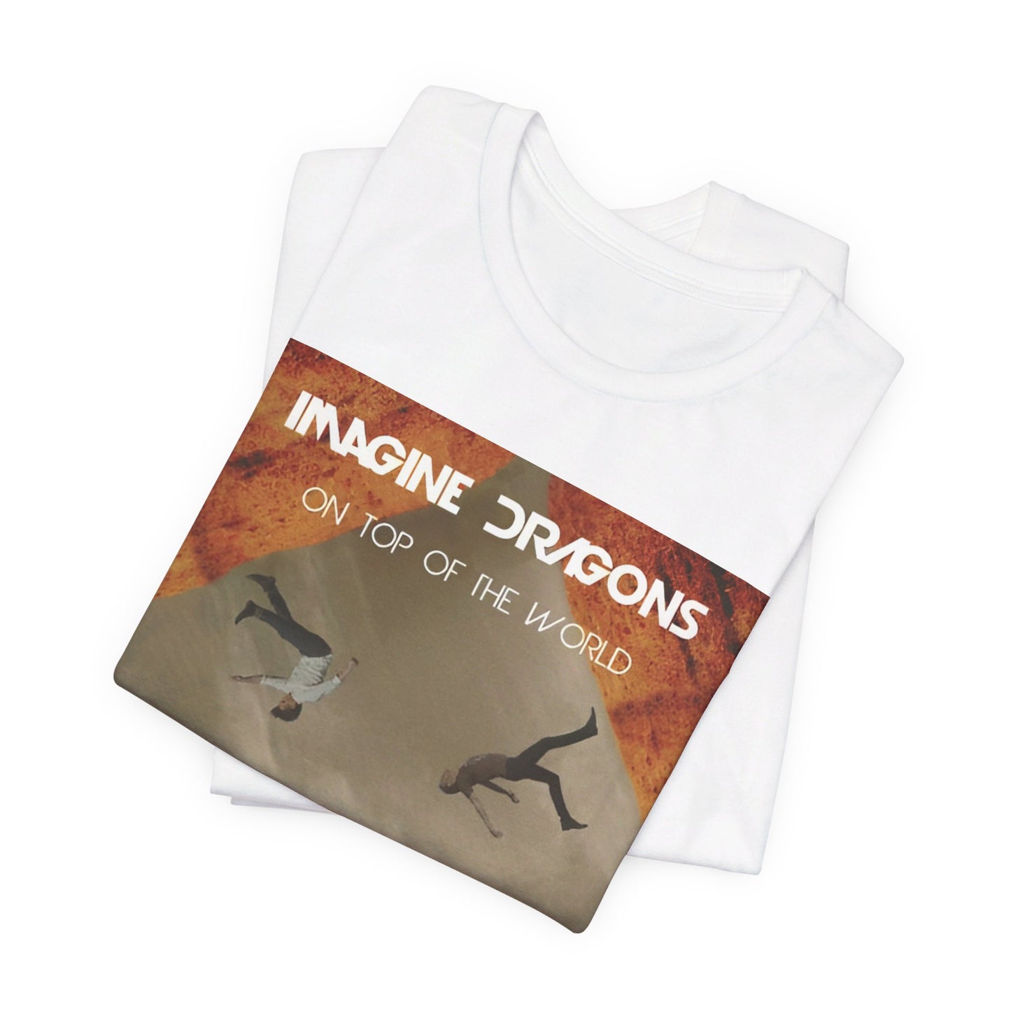 A black graphic t-shirt featuring a graphic related to Imagine Dragons' 'On Top of The World' song.