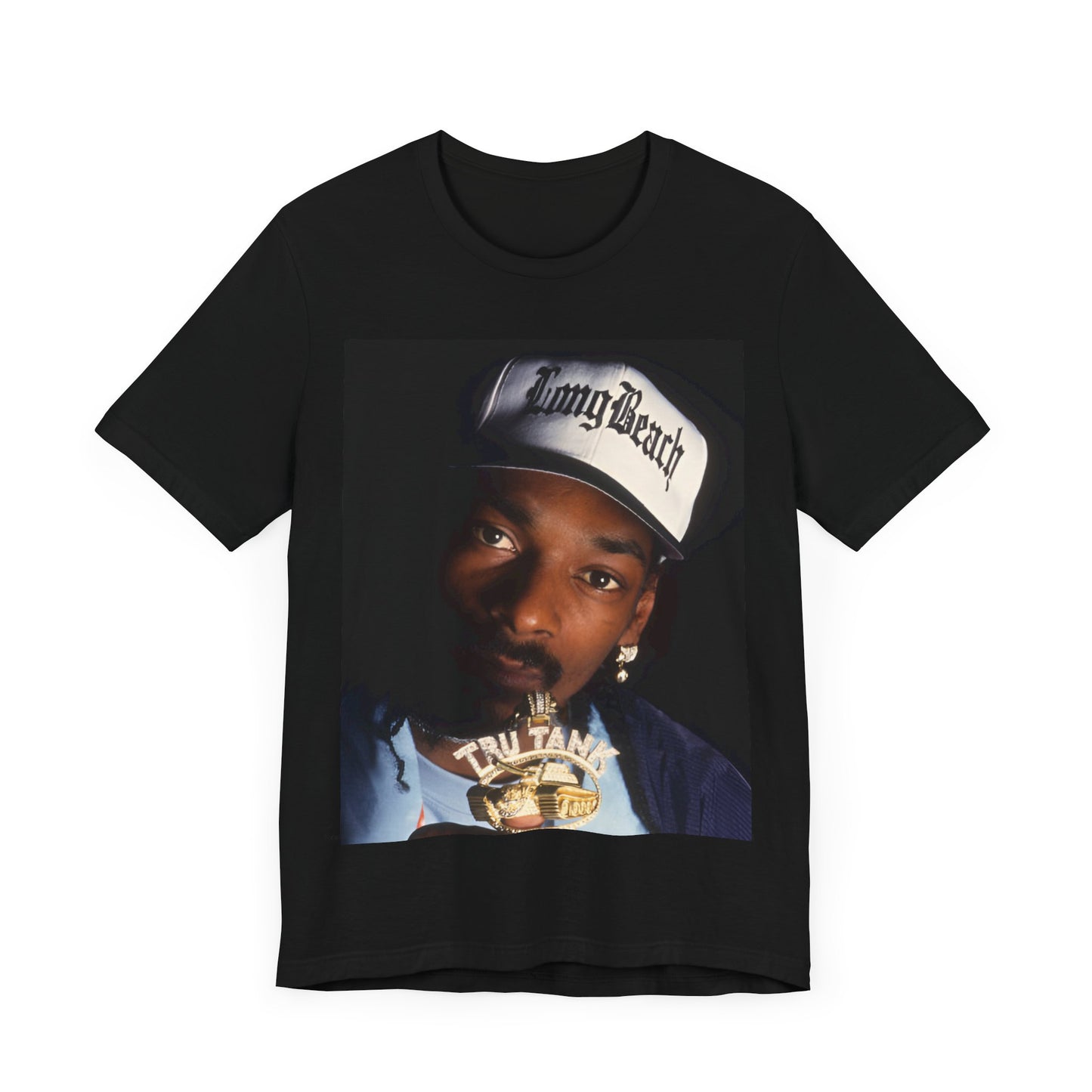 A black graphic t-shirt featuring a graphic of Snoop Dogg as a powerhouse OG rapper.