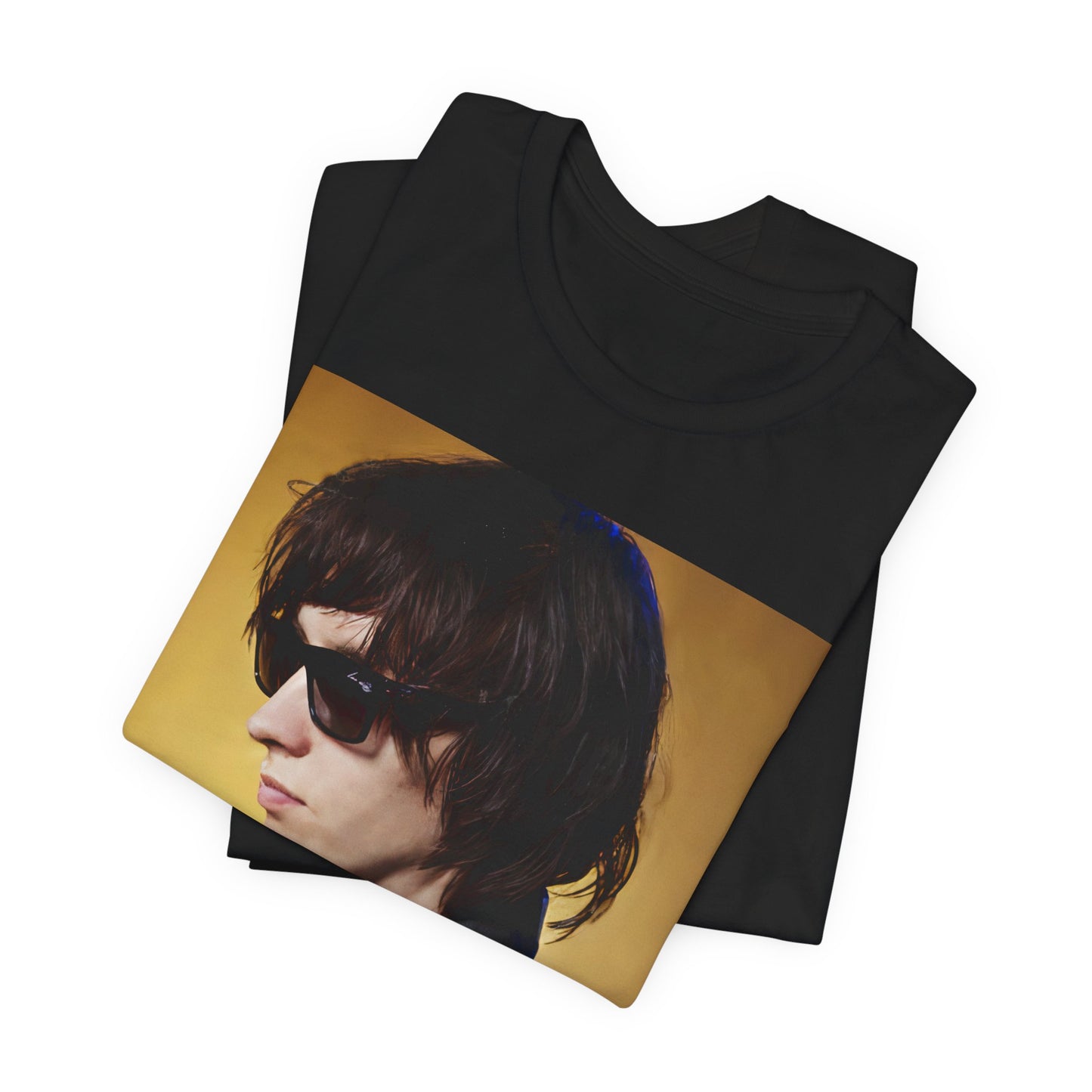 A black graphic t-shirt featuring a retro graphic related to The Strokes' 'Is This It' album era.