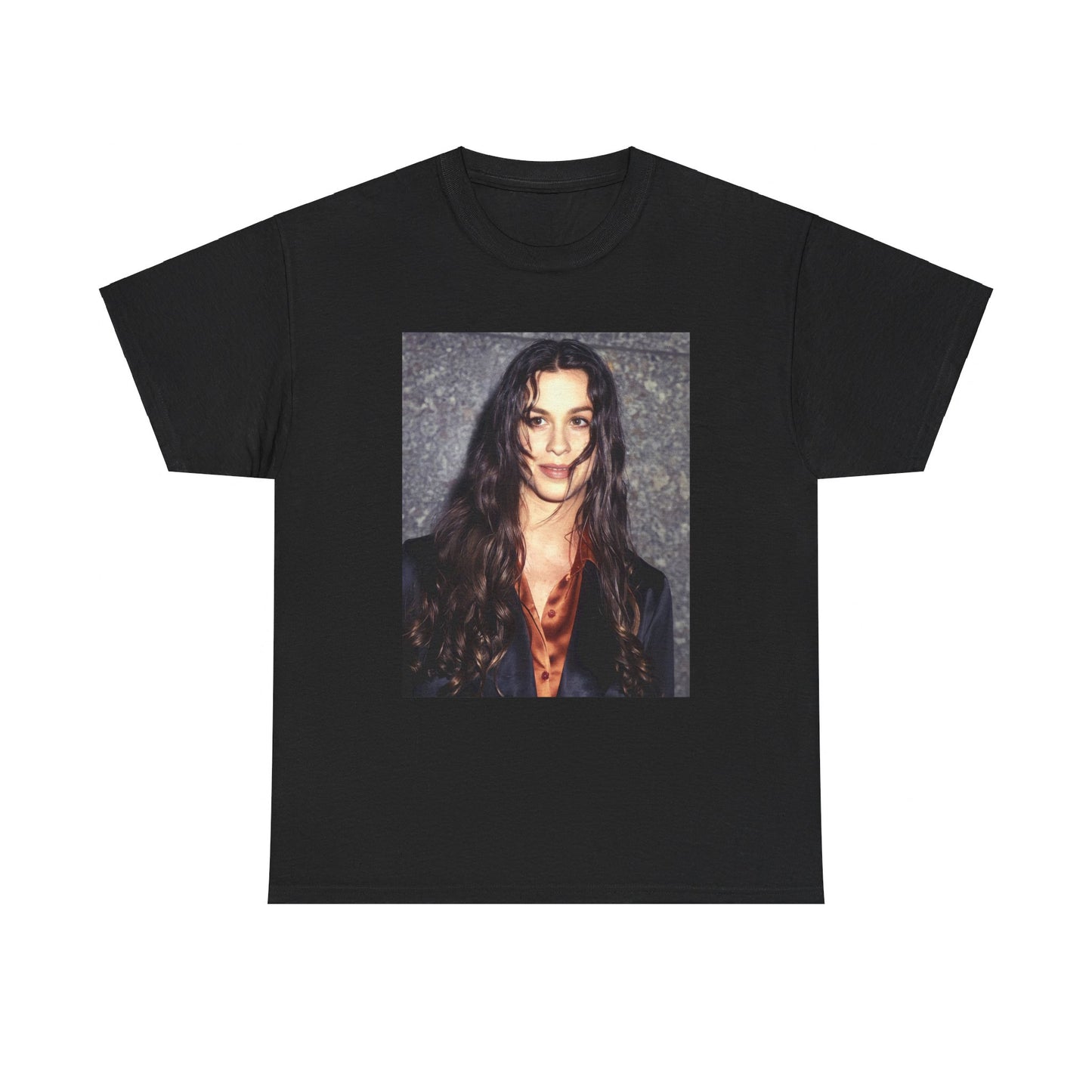 A black graphic t-shirt featuring a classic portrait or graphic of Alanis Morissette.