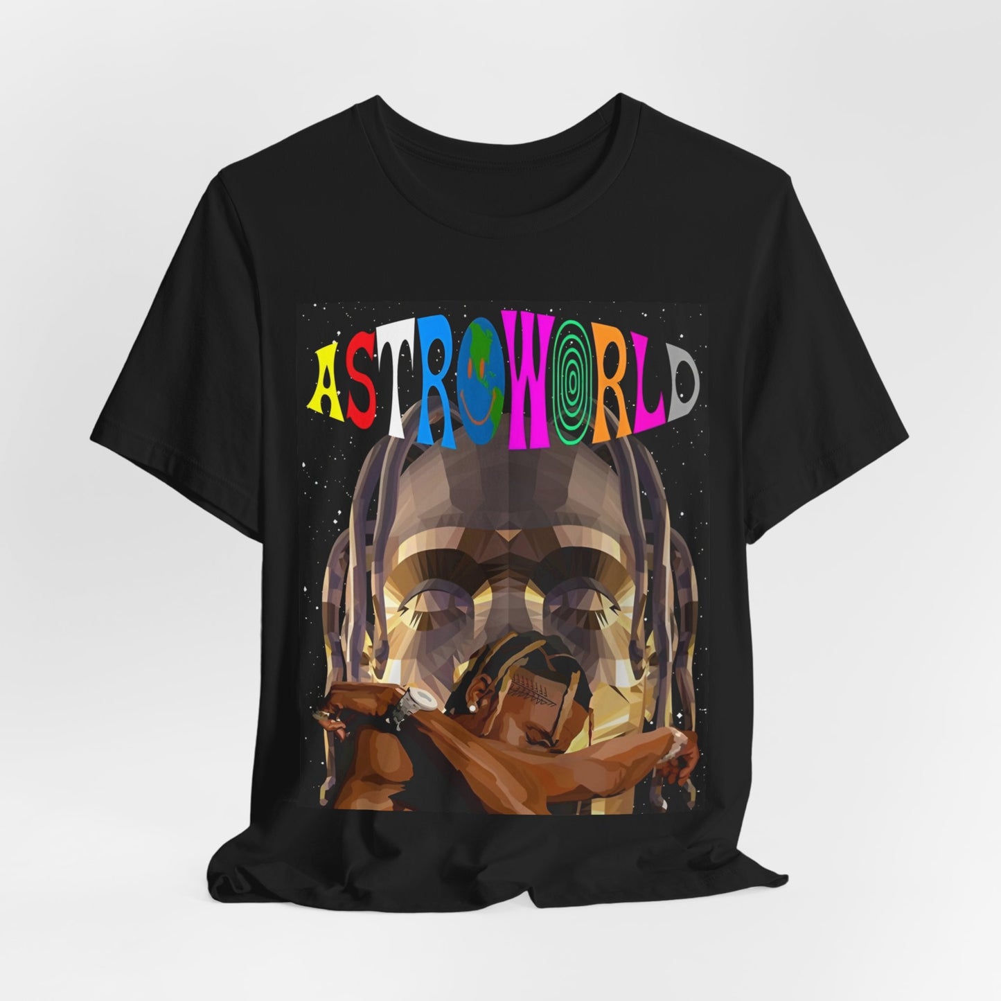 A black graphic t-shirt featuring a graphic related to Travis Scott's Astroworld album era.