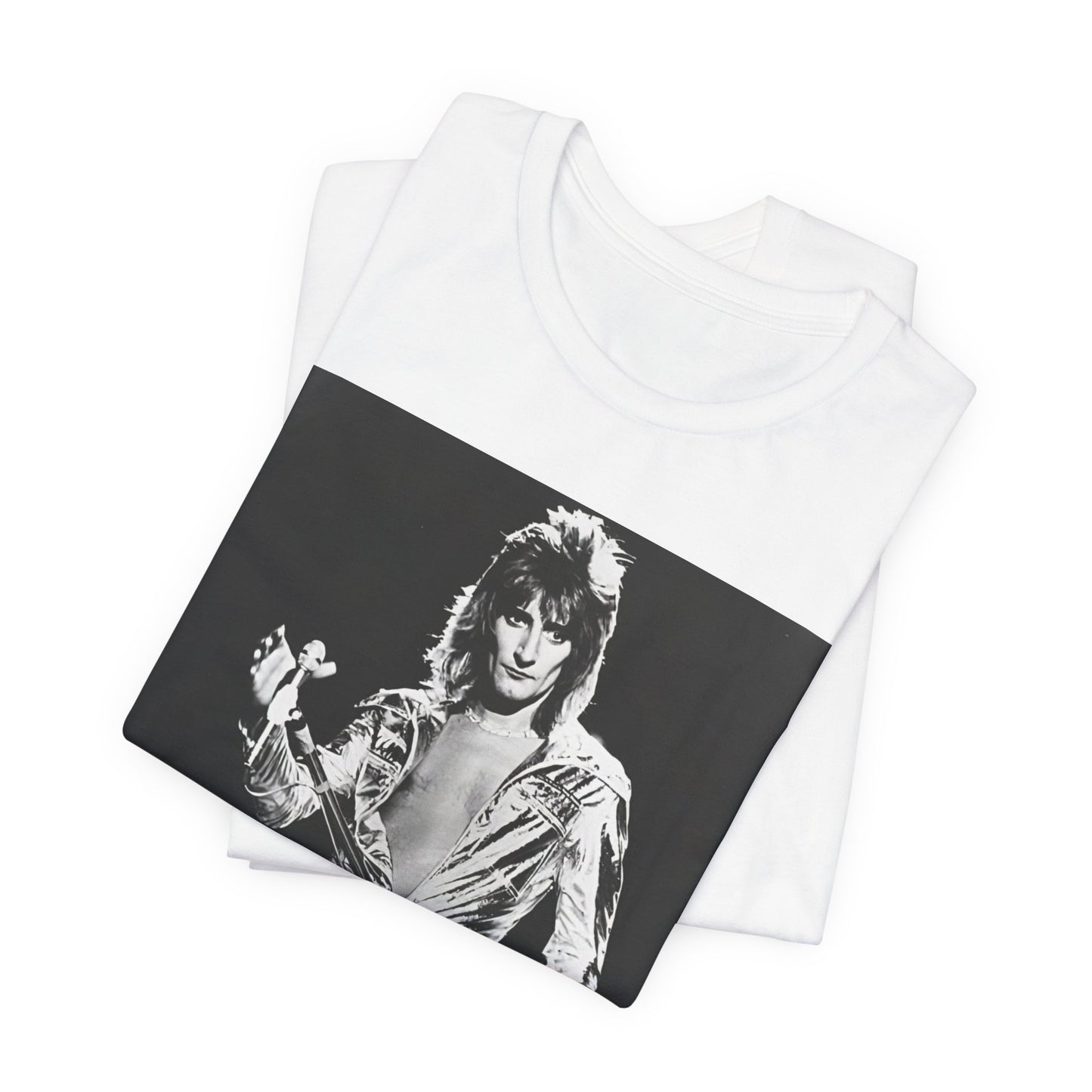 A black graphic t-shirt featuring a 70s black and white monochrome graphic or photo of Rod Stewart.