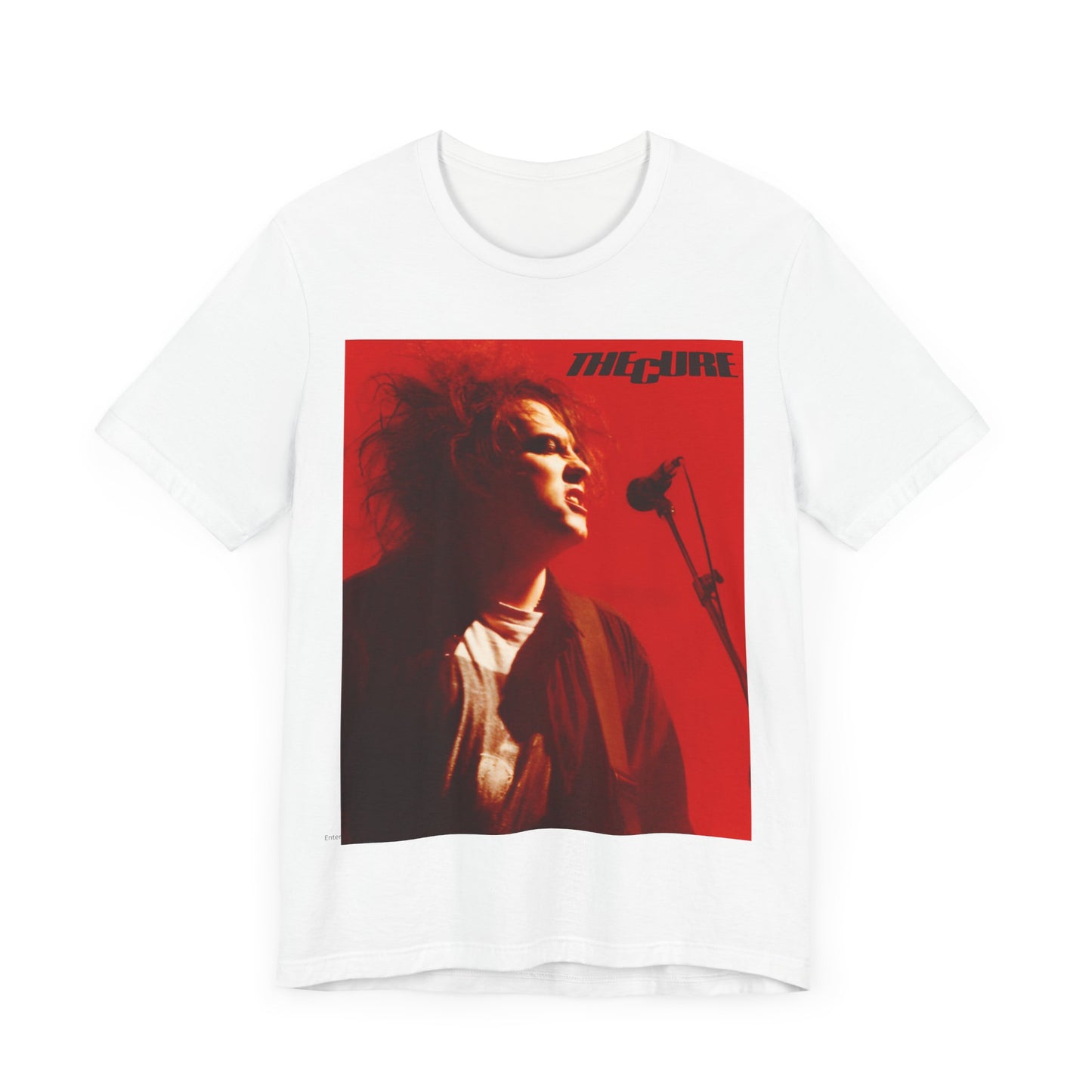 A black graphic t-shirt featuring a graphic of Robert Smith from The Cure with iconic red lipstick.