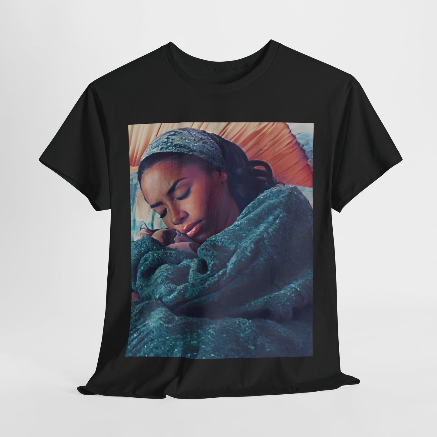 A black graphic t-shirt featuring a 90s R&B princess aesthetic graphic of Aaliyah.